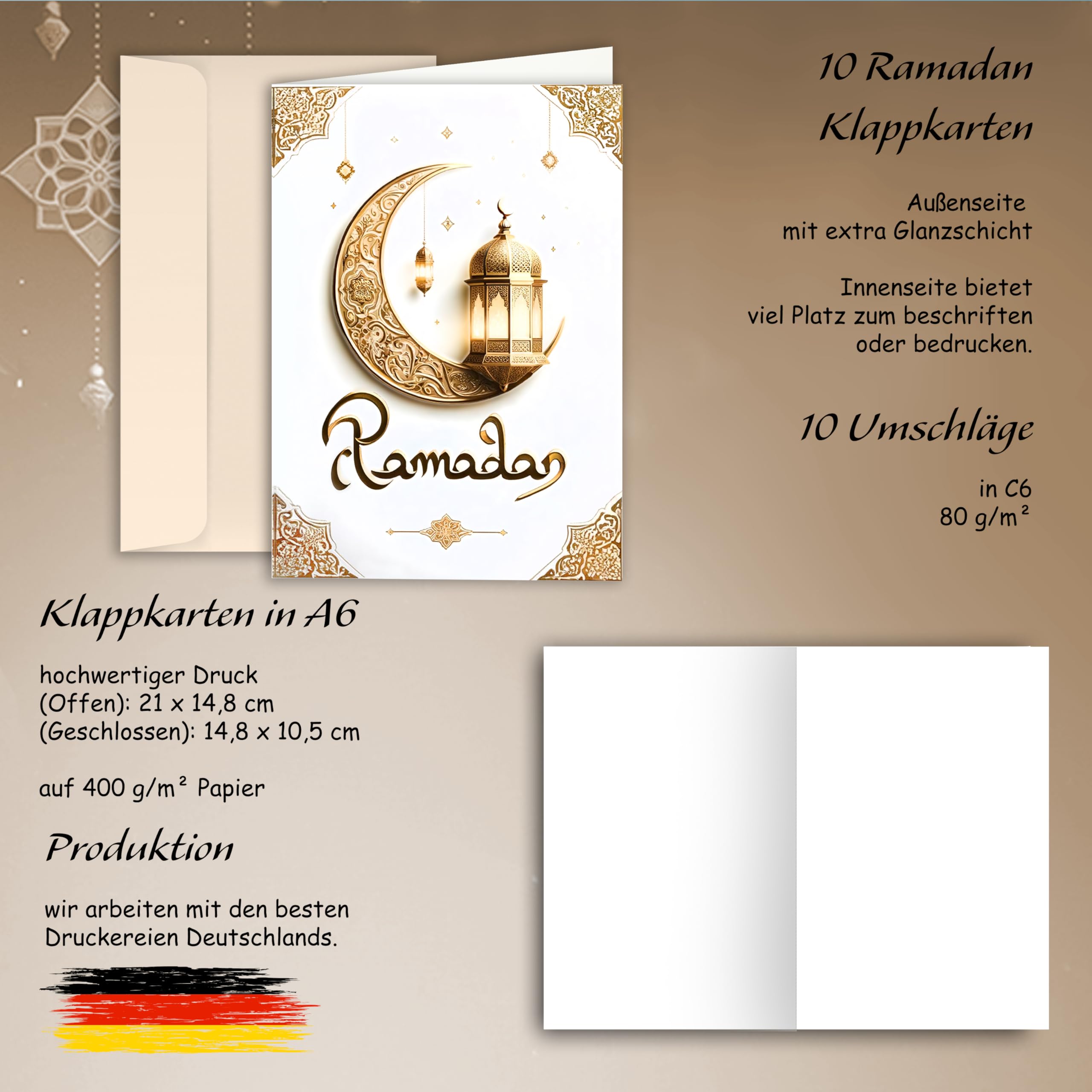 Ramadan Kareem Folding Cards with Envelope Greeting Cards Ramadan Mubarak Eid Mubarak Thank You Cards Sugar Festival Celebration Moon Lantern White Gold Pack of 10 - Image 2