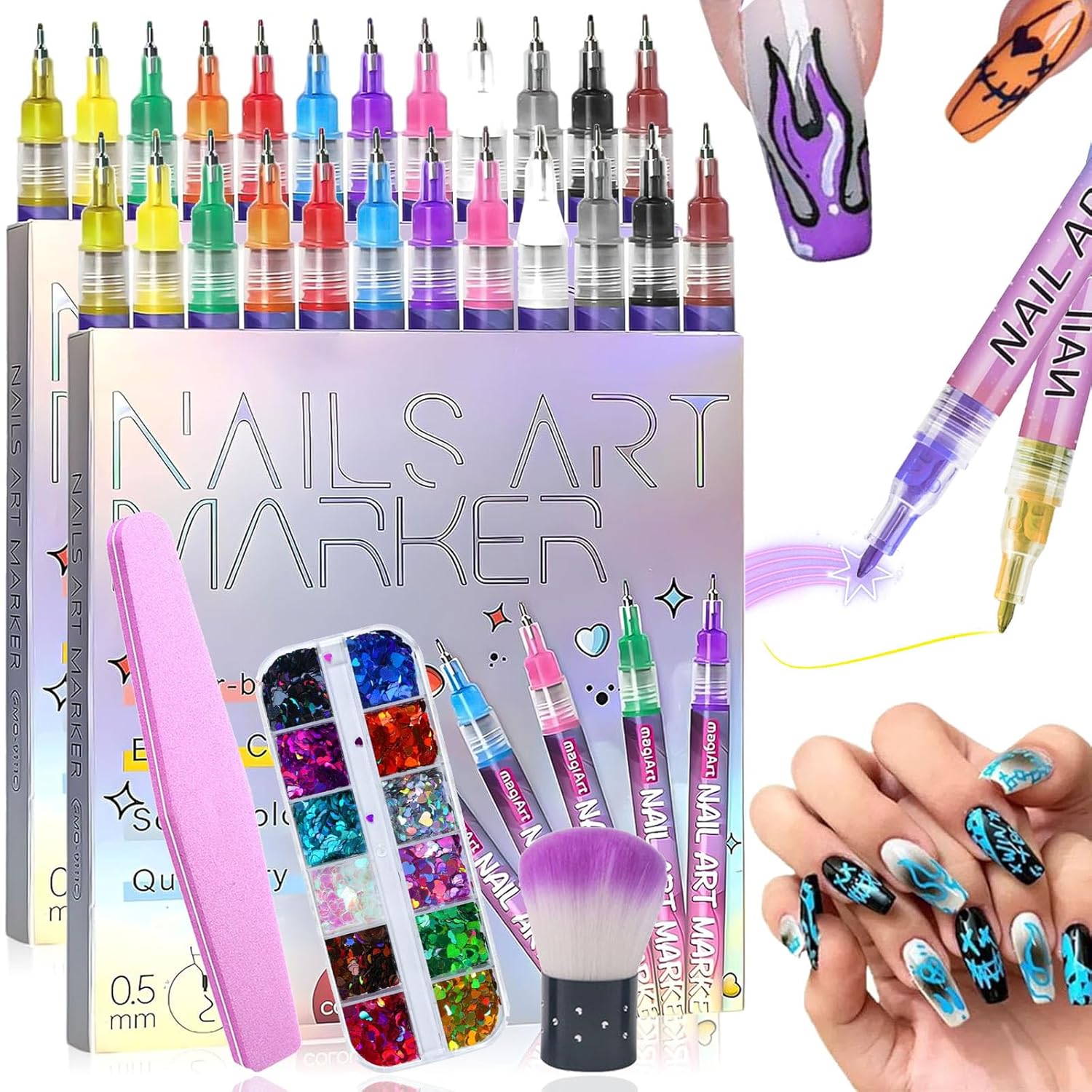 Nail Art Pens for Painting Nails, 12 Colors Nail Art Pens Set for Beginners, Quick-Dry Nail Art Markers for Gel Nails, 3D Nail Polish Pens for Dotting Drawing Painting Point Liner DIY (2PCS)