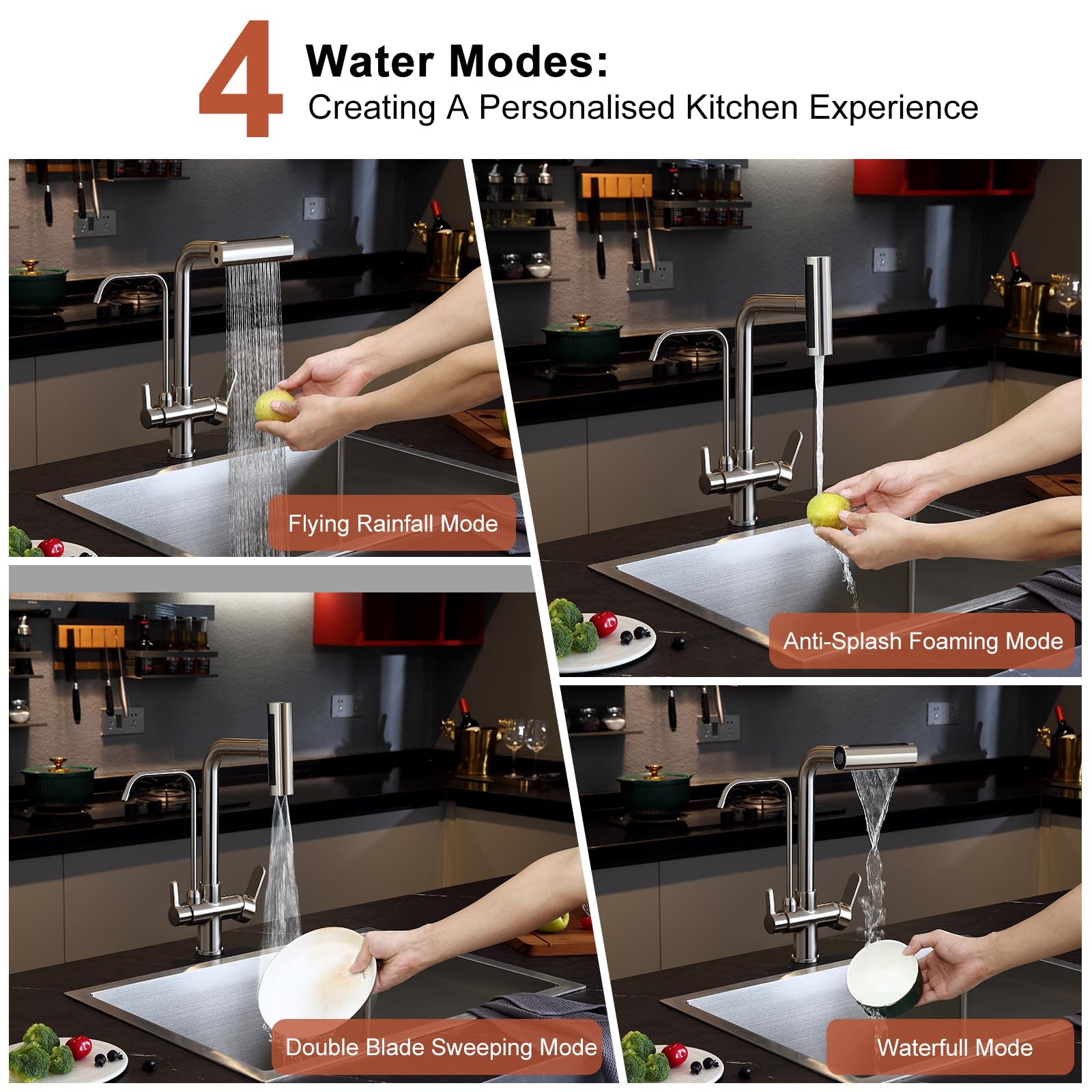 Grifo de cocina de 3 vías con ducha extensible, Mezcladora de Fregadero, níquel cepillado