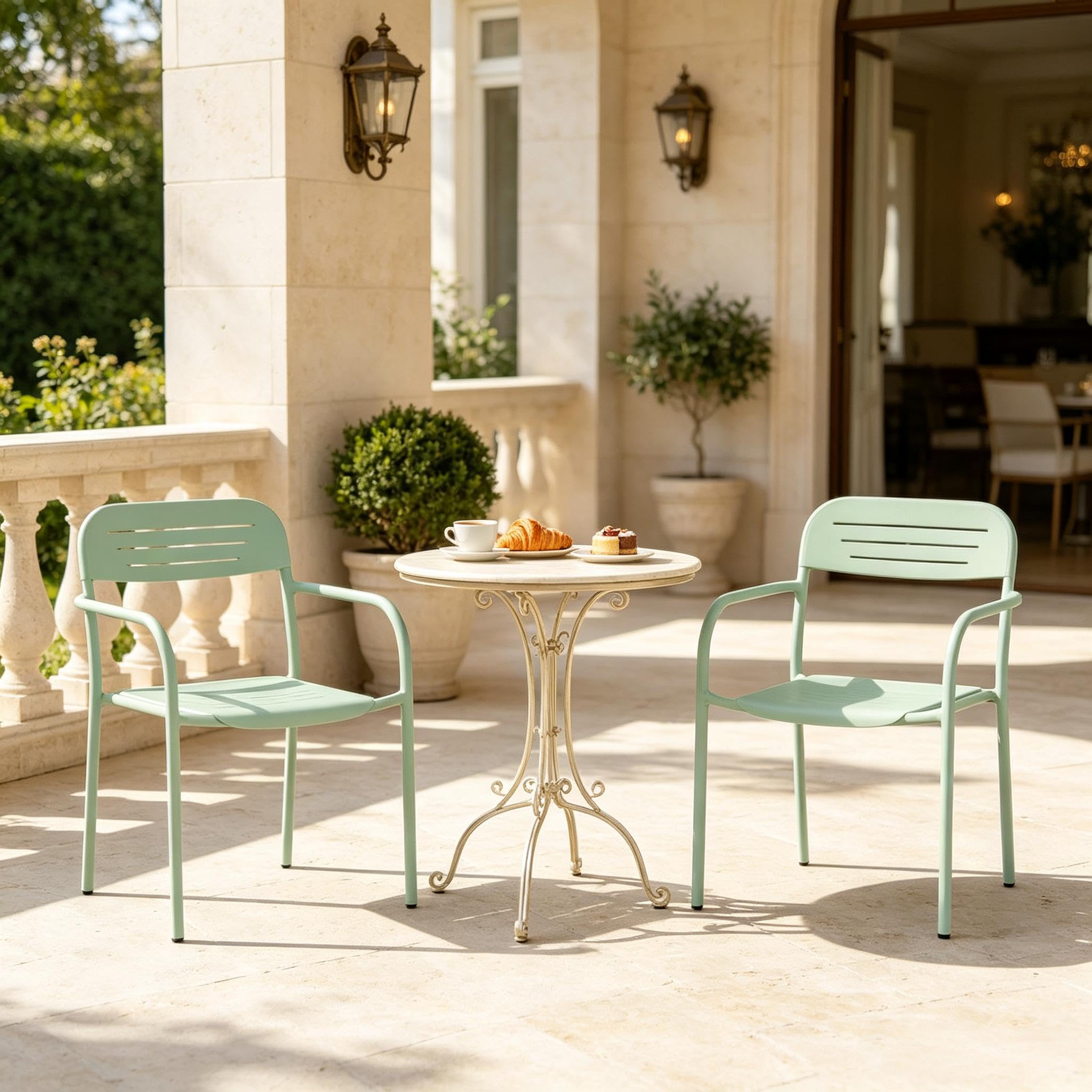Generisch Set di 2 sedie da giardino impilabili in metallo verde, sedia da terrazza