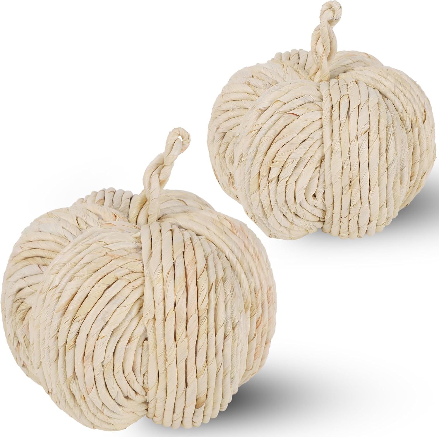 winemana 2 Pack Woven Pumpkin Decor - Fall & Thanksgiving Home Decorations, White Pumpkins Farmhouse Autumn Centerpieces for Table, Mantel, Porch Decor (Cattail Material, Assorted Size) style 2