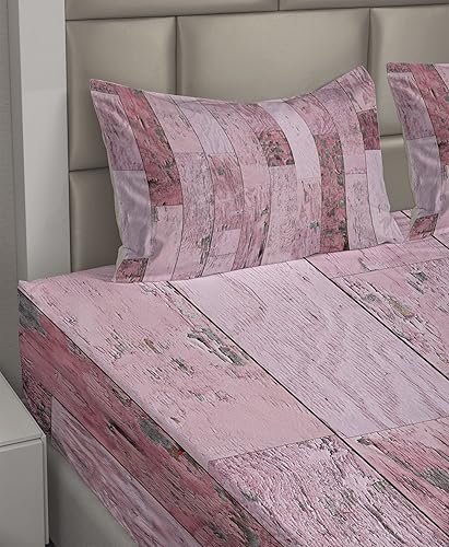 Miniatura 2 de Ambesonne Wood Print Sheet Set, Pastel Pink Rustic Planks a Distressed Look Barn House Cottage Theme, Fitted and Flat Sheet with Pillowcases Bedding