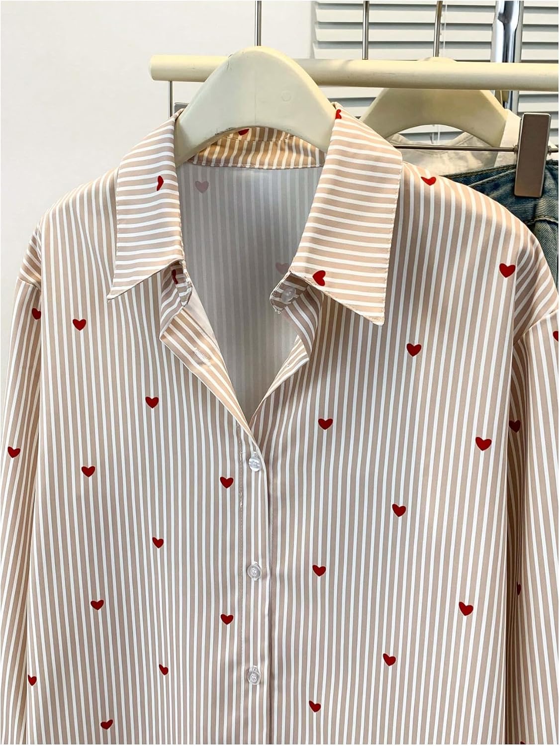 SweatyRocks Women's Heart Print Striped Button Down Shirts Dressy Casual Long Sleeve Blouses - Image 5
