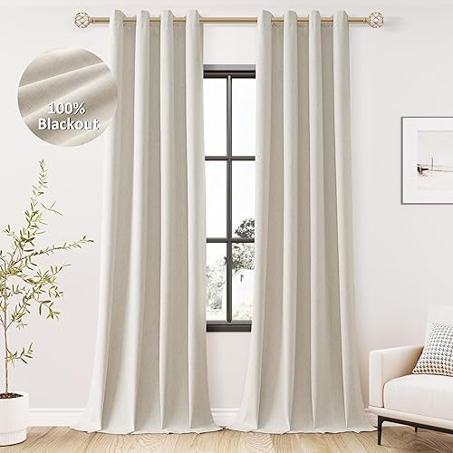 Miniatura 51 de Cream Linen Blackout Curtains 96 Length 2 Panels Set for Living Room Bedroom, 100% Black Out Thermal Insulated Linen Drapes, Room Darkening Grommet