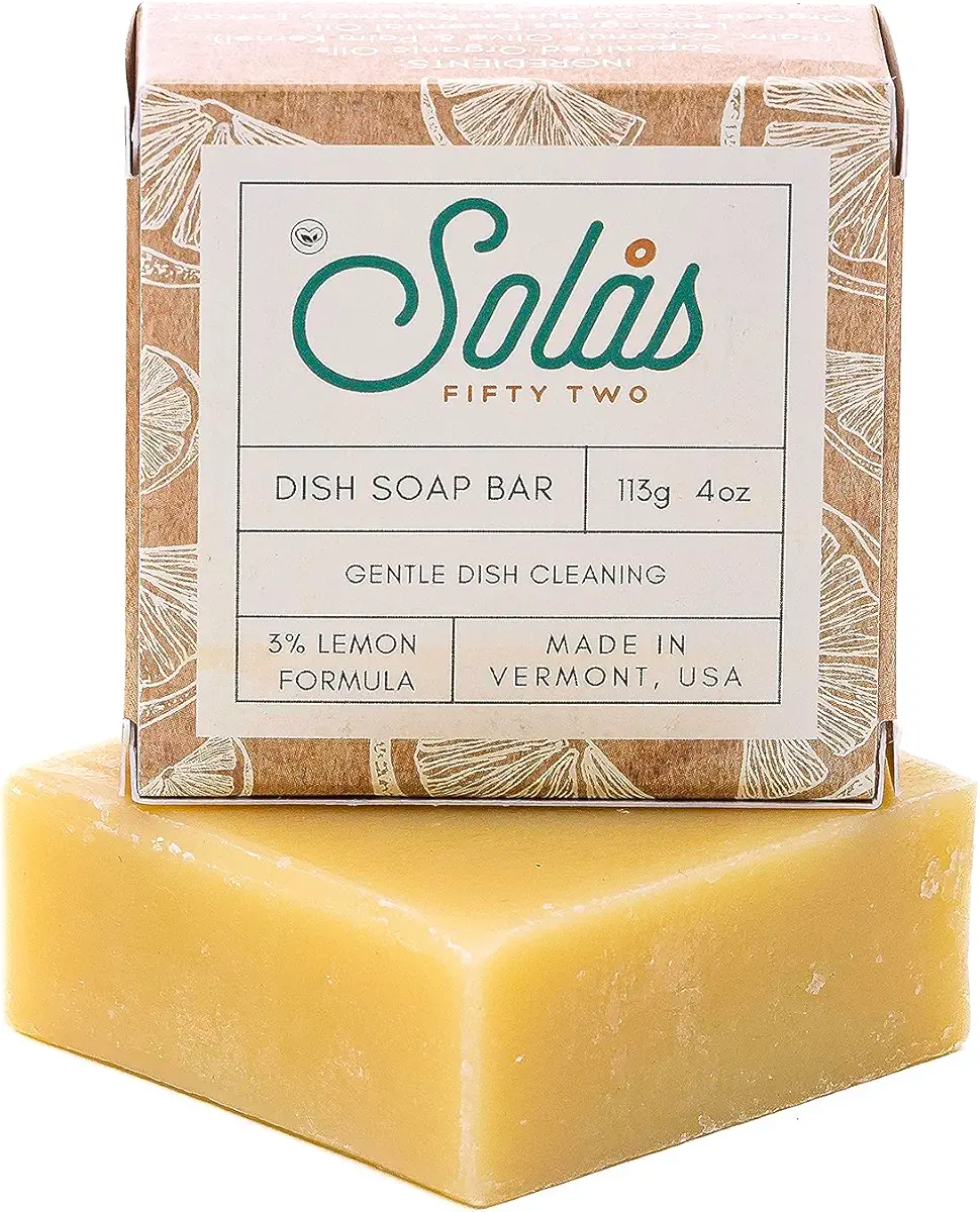 Solas Fifty Two Zero Waste Natural Dish Soap Made in Vermont USA Solid Dishwashing Block Cold Processed Eco Friendly Plastic Free Packaging Sustainable Ingredients Kitchen Cleaning Camping (Soap Bar)
