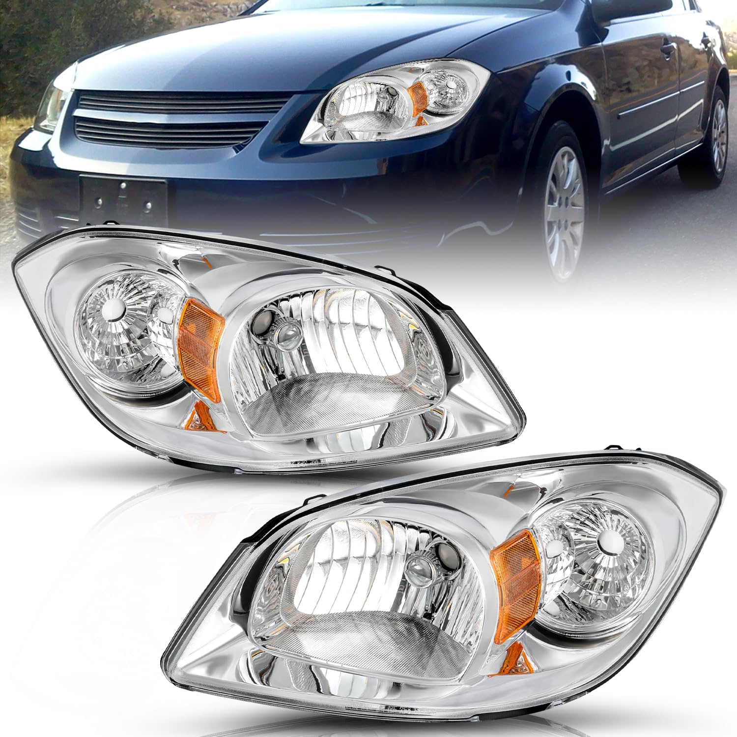 Headlight Assembly set Compatible with 2005-2010 Chevy Cobalt/ 2005-2006 Pontiac Pursuit/ 2007-2010 Pontiac G5 Passenger and Driver Side (Chrome Housing with Amber Reflector)