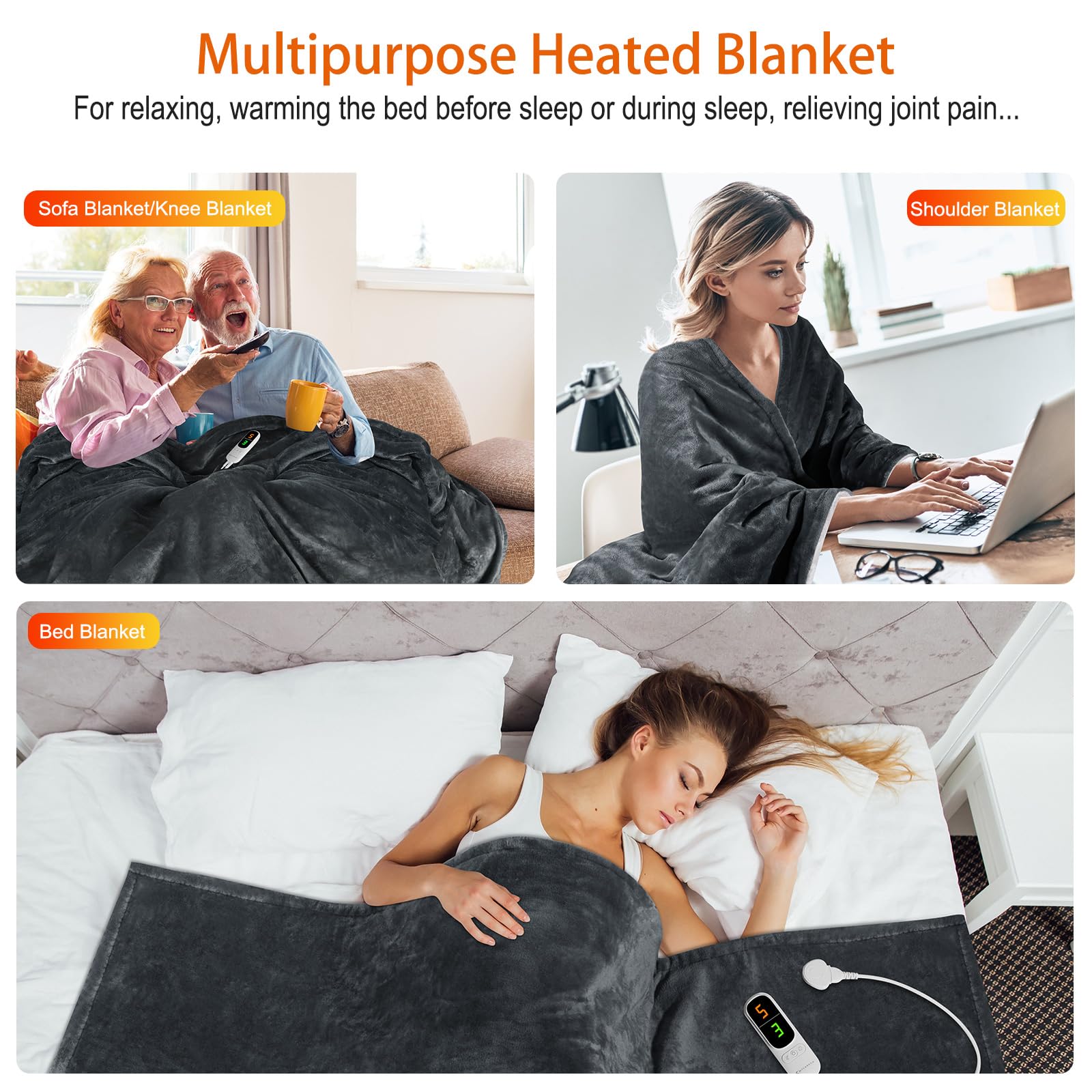 MYCARBON Coperta Elettrica Riscaldante 180x160cm, 6 Temperature da 30°C a 45°C, 9 Opzioni Timer 1-9h, Coperta Termica Matrimoniale Basso Consumo Lavabile(Grigio Scuro)