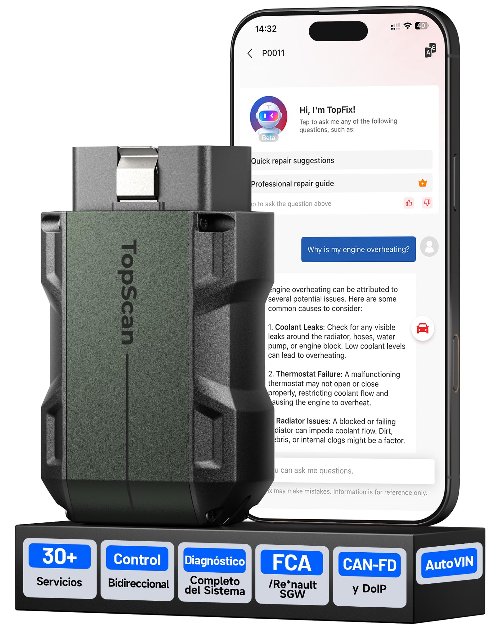 TOPDON TopScan Master Escáner OBD2 Bluetooth, Herramienta de Diagnóstico Bidireccional, Diagnosis Coche Multimarca, 30+ Servicios, Can-FD y DoIP, FCA/Nissan/Renault SGW Compatibilidad con AI