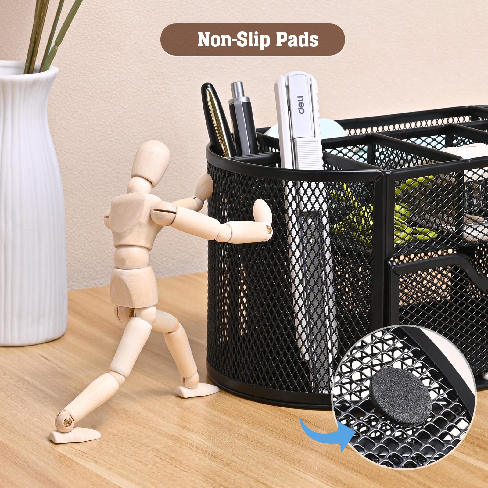 MumdoYAL Organisateur de bureau en maille métallique avec tiroir et porte-stylos pour stylos, notes adhésives, agrafeuses, trombones, compact et élégant pour un gain de place.