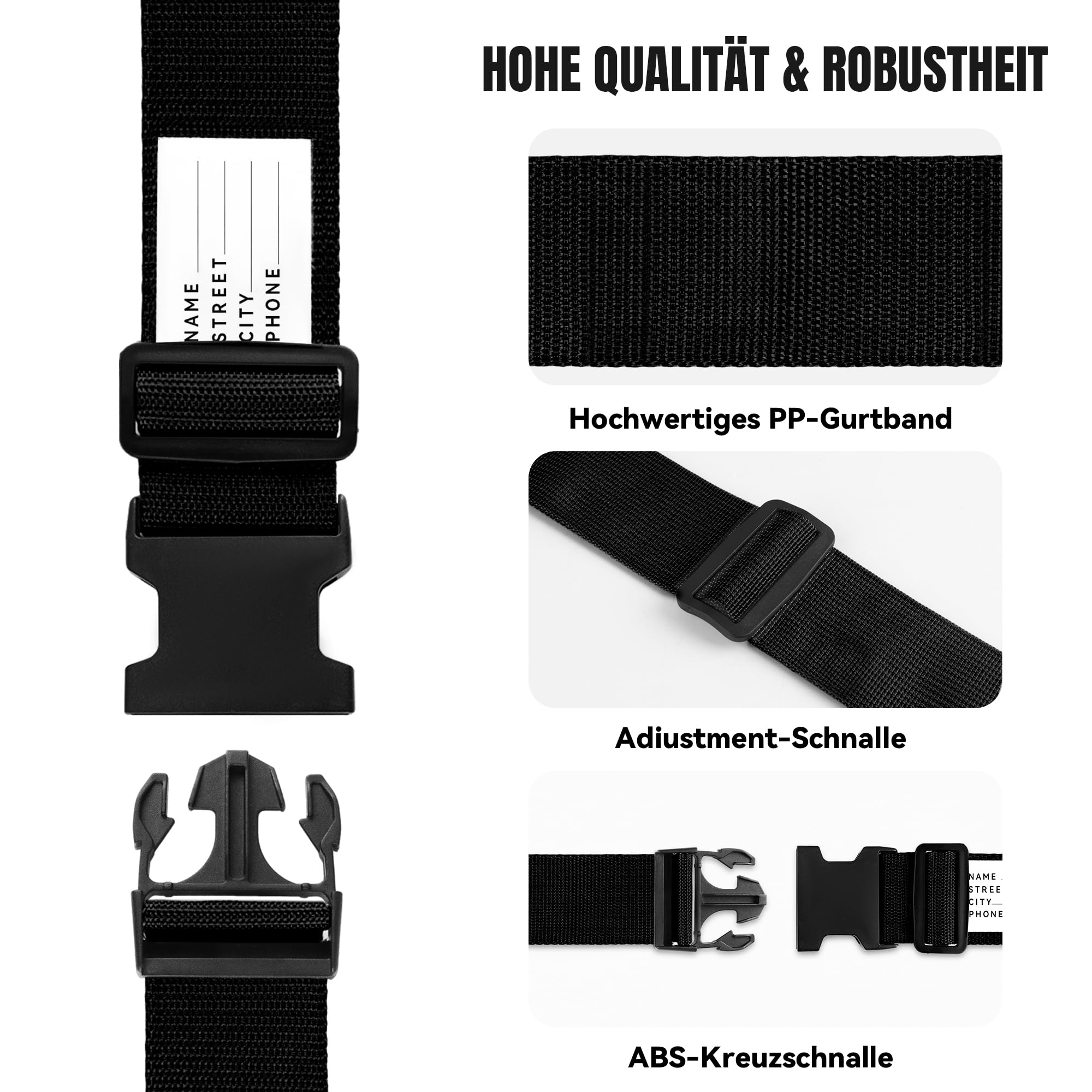 Ghope Zestaw 4 pasów do walizki, w zestawie 2 tabliczki z nazwiskiem, szczególnie rzucające się w oczy, antypoślizgowe, regulowane paski do walizki, długi pasek do bagażu, pasek do walizki i toreb