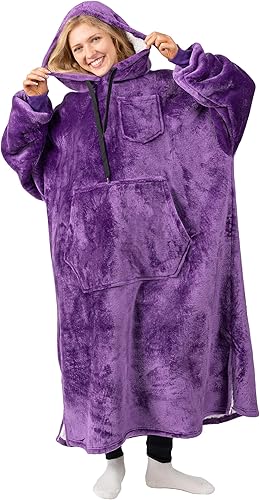 PAVILIA Manta con capucha para mujer, manta Sherpa para hombre, acogedora manta de gran tamaño, sudadera con capucha, Púrpura