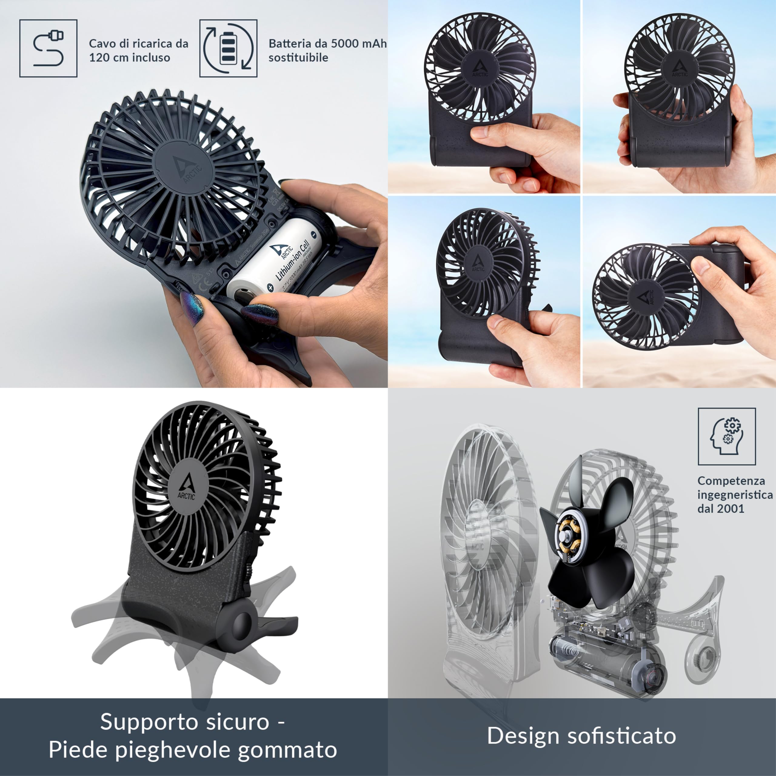 ARCTIC Summair 2Go (Black) -Ventilatore Portatile Ricaricabile con Supporto, Velocità Regolabile in Modo Continuo, Autonomia da 4 a 77 Ore, Connessione USB-C (incl. Cavo USB-A) - Nero