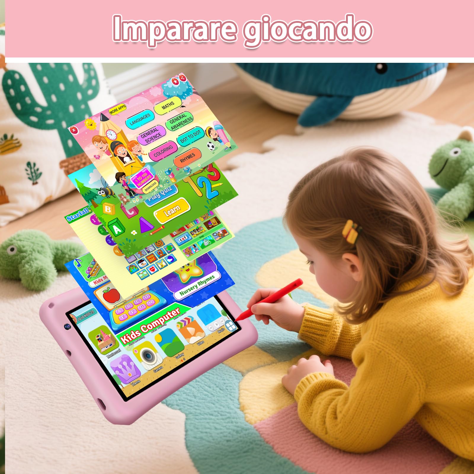 Tablet Bambini 7 Pollici Android 13 Octa Core 8GB RAM 64GB ROM Espandibile 256GB Schermo IPS Controllo Parentale Custodia Antiurto Rosa