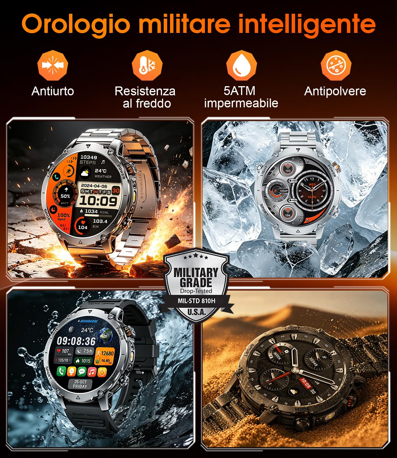 LIGE Smartwatch Uomo Militare, Batteria 1400mAh 14 Giorni, Display HD 1,7", Torcia LED, Chiamate Bluetooth, 110+ Modalità Sportive, IP68 Waterproof, Smart Watch for Android iOS, 2 Cinturini