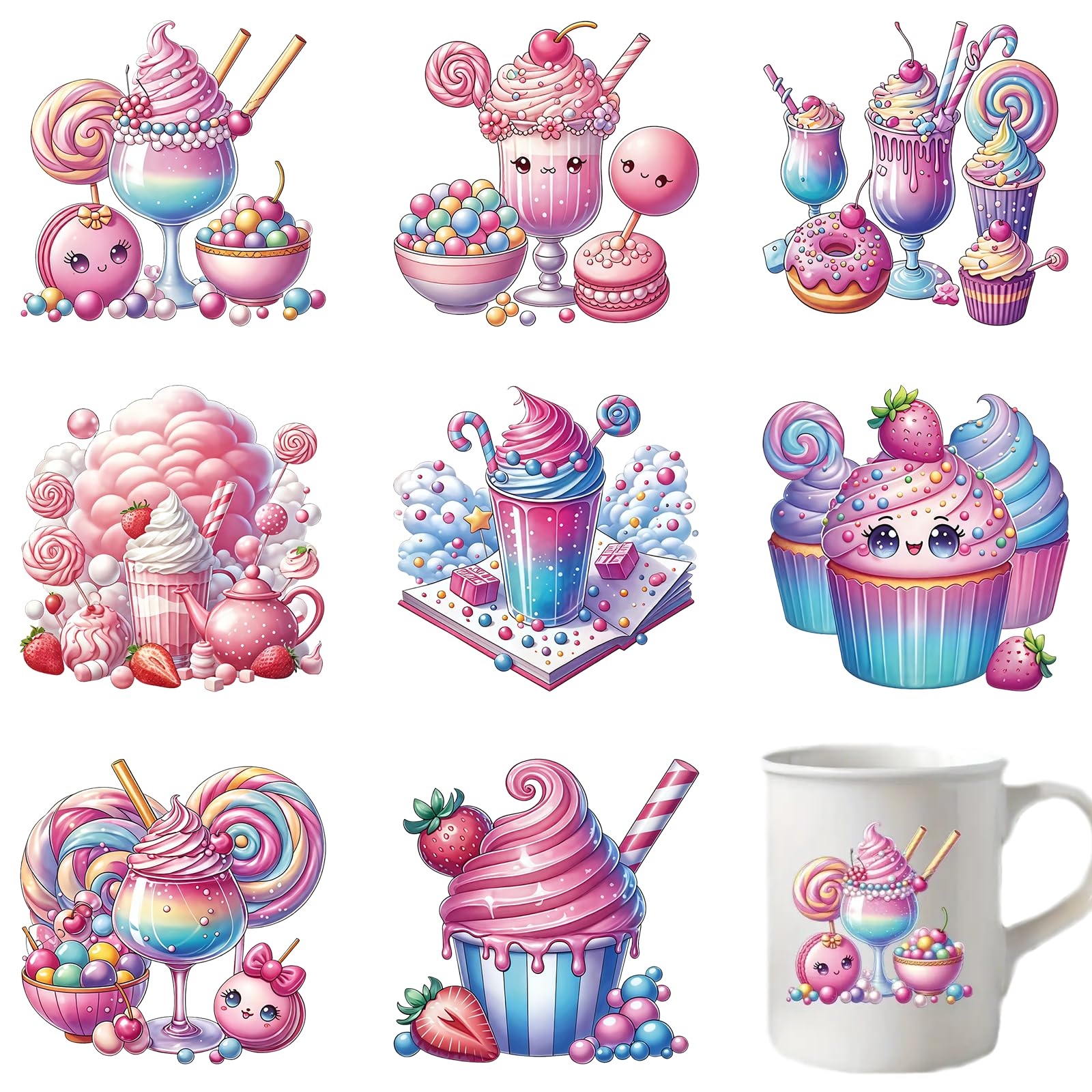 8pcs Pastel Colorful Ice Cream UV DTF Cup Wraps Transfer Waterproof Sticker for Glass Cups Furniture Craft DIY Crafts，Rub on Transfer Stickers for DIY