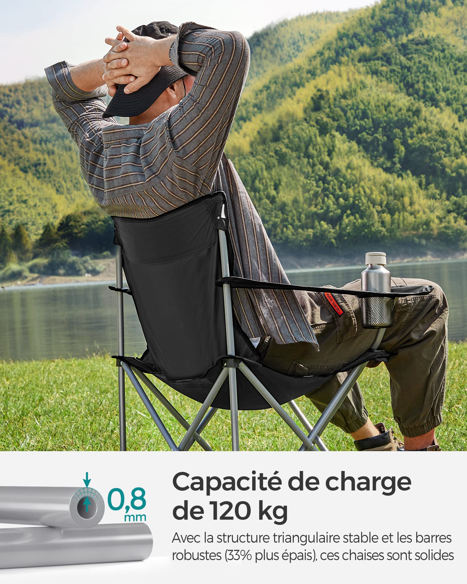 SONGMICS Chaise Pliante Camping, Lot de 2, Chaise de Pêche Extérieur, avec Accoudoir, Porte-gobelet, Portable, Pliable, Capacité 120 kg, Camping, Jardin, Pêche, Plage, Terrasse, Noir GCB01BK