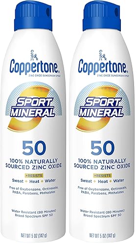 Coppertone SPORT Sunscreen Spray SPF 50, Zinc Oxide Mineral Sunscreen, Water Resistant, 5 Oz (Pack of 2)