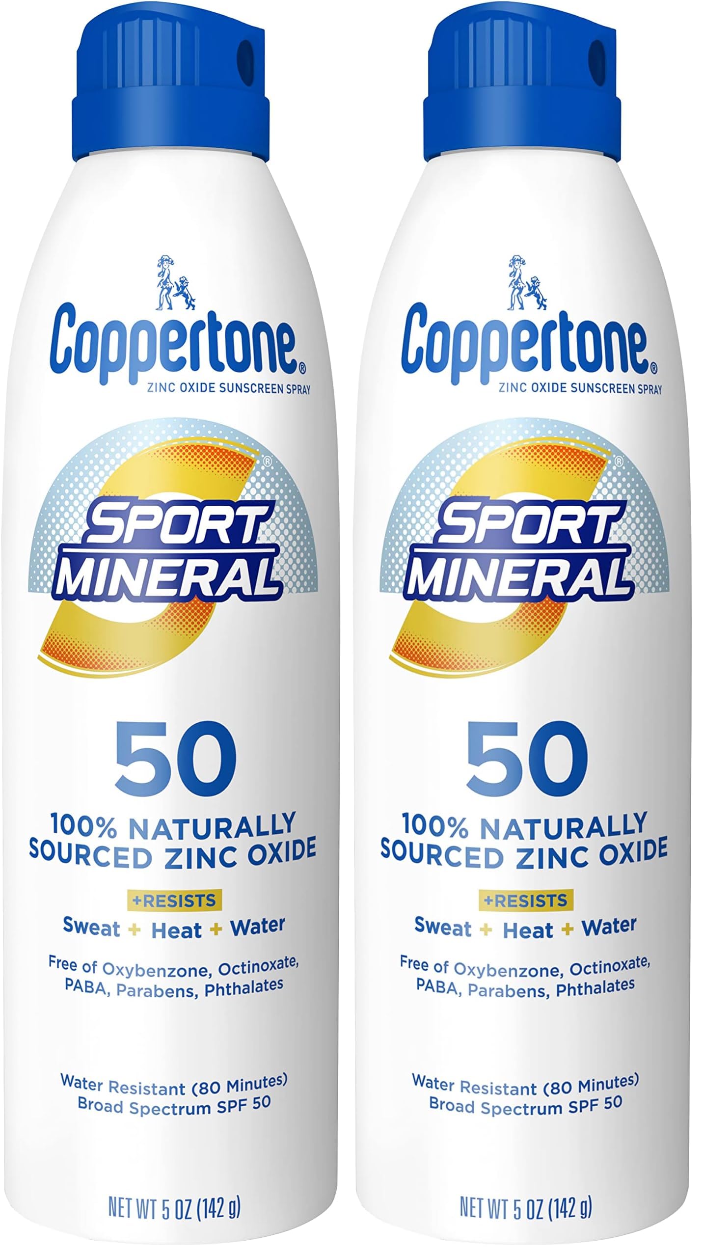 Coppertone SPORT Sunscreen Spray SPF 50 Zinc Oxide Mineral Sunscreen Water Resistant 5 Oz Pack of 2
