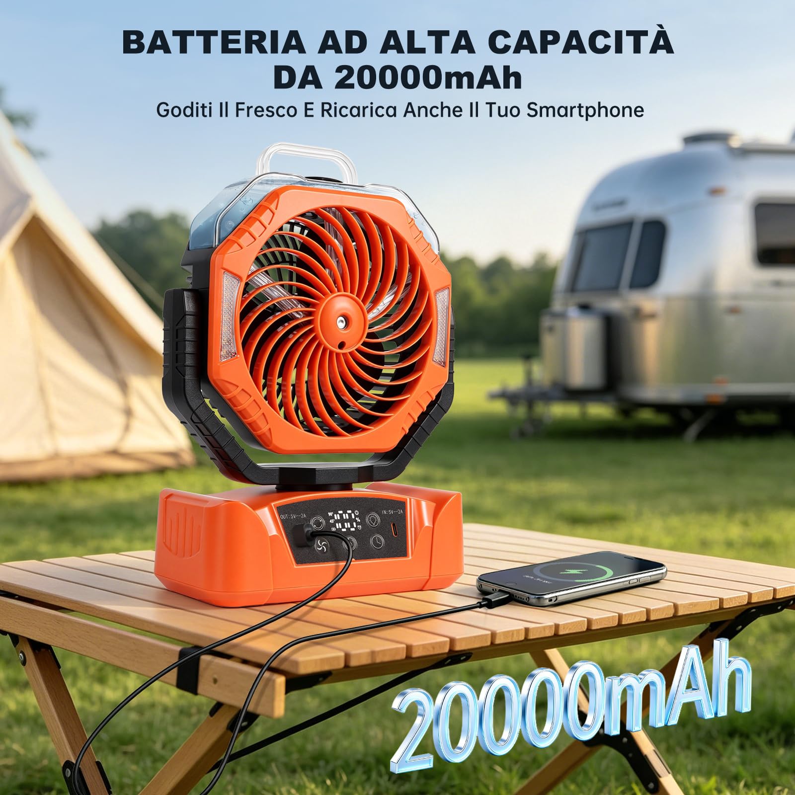 JONRRYIN Ventilatore da Campeggio 20000mAh, Ventilatore Ricaricabile con Nebulizzazione USB, Ventilatore da Tavolo con 6 Modalità Luce, 6 Velocità, Rotazione 270°, per Camper e Tenda