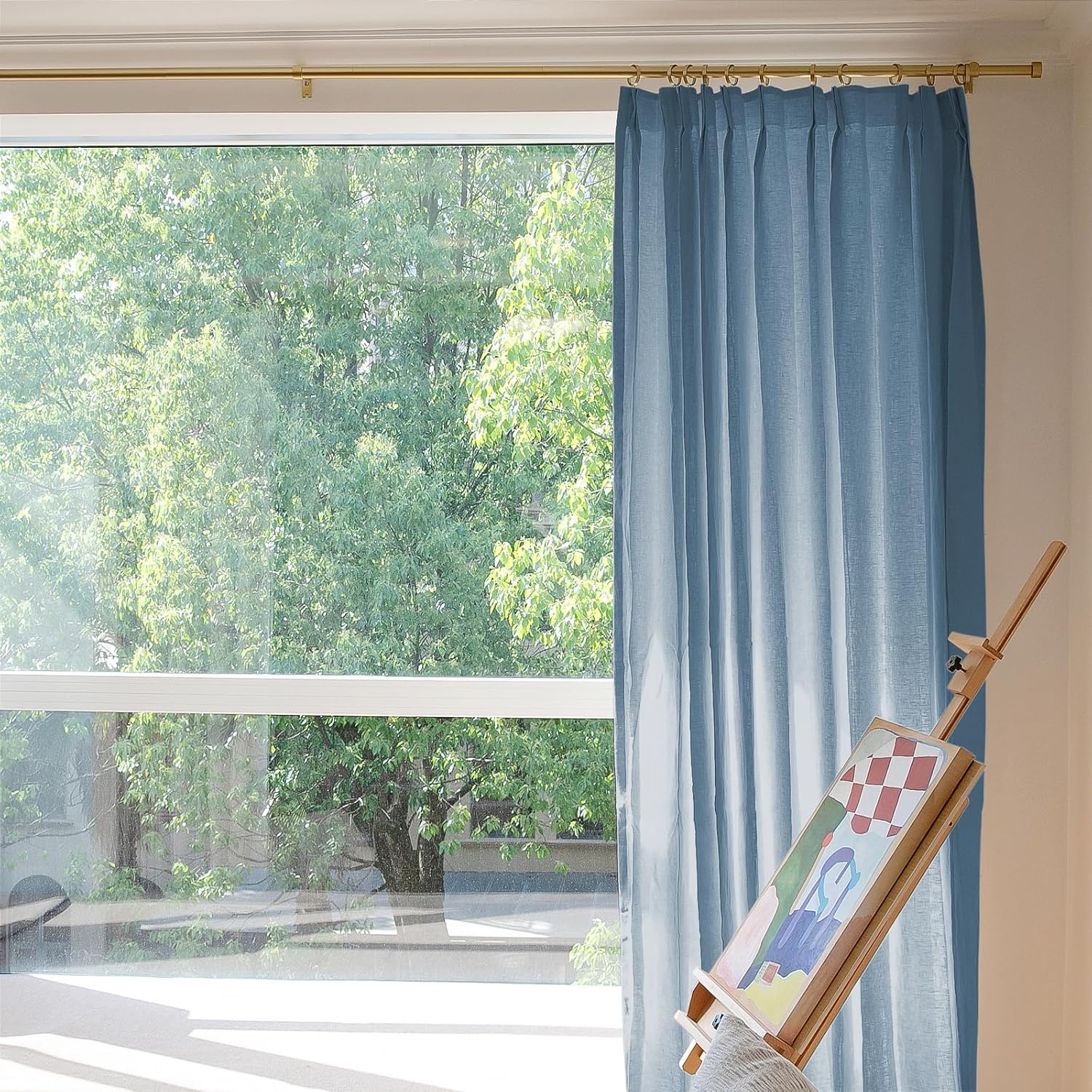 TWOPAGES Midnight 120W x 96L Pinch Pleated Curtain for Sliding Glass Door, Natural Linen Drape Light Filtering Pricavy Curtain for Living Room, 1 Panel