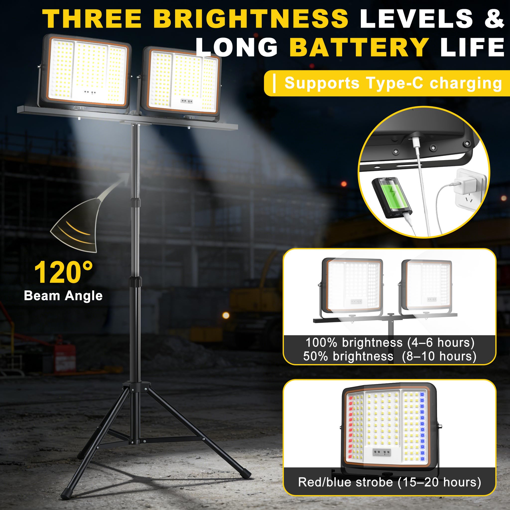 UISEBRT 2x300W LED Baustrahler Akku mit Stativ & 2M Typ-C Kabel,360° Drehbar,3 Lichtmodi,116-182cm höhenverstellbar,Kaltweiß IP66 Wasserdicht Strahler für Garage Werkstatt Baustelle