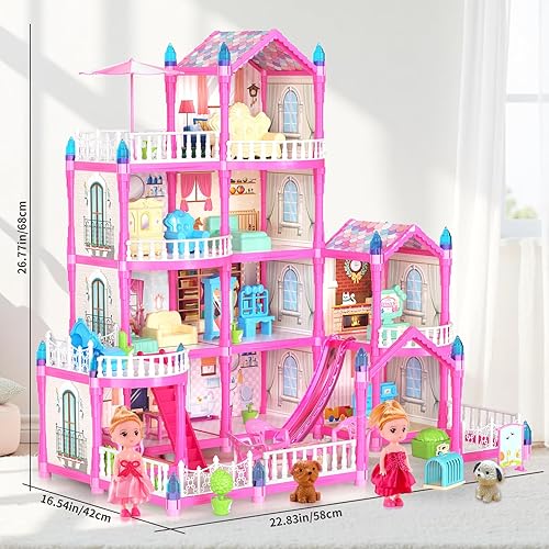 Miniatura 7 de Juguetes de casa de muñecas para niñas, casa de muñecas con brillo en la oscuridad, juego de casa de muñecas para niños con 4 pisos, 14 áreas de