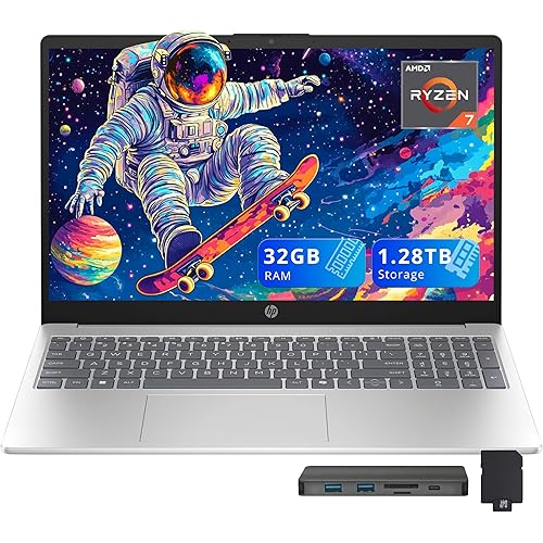 HP 15.6" FHD Laptop, AMD Ryzen 7 5825U, 32GB DDR4 RAM, 1.28TB Storage (1TB SSD+288GB Docking Station Set), AMD Radeon Graphics, Numeric Keypad, Copilot, HD Camera, Wi-Fi 6, Windows 11 Home, Silver