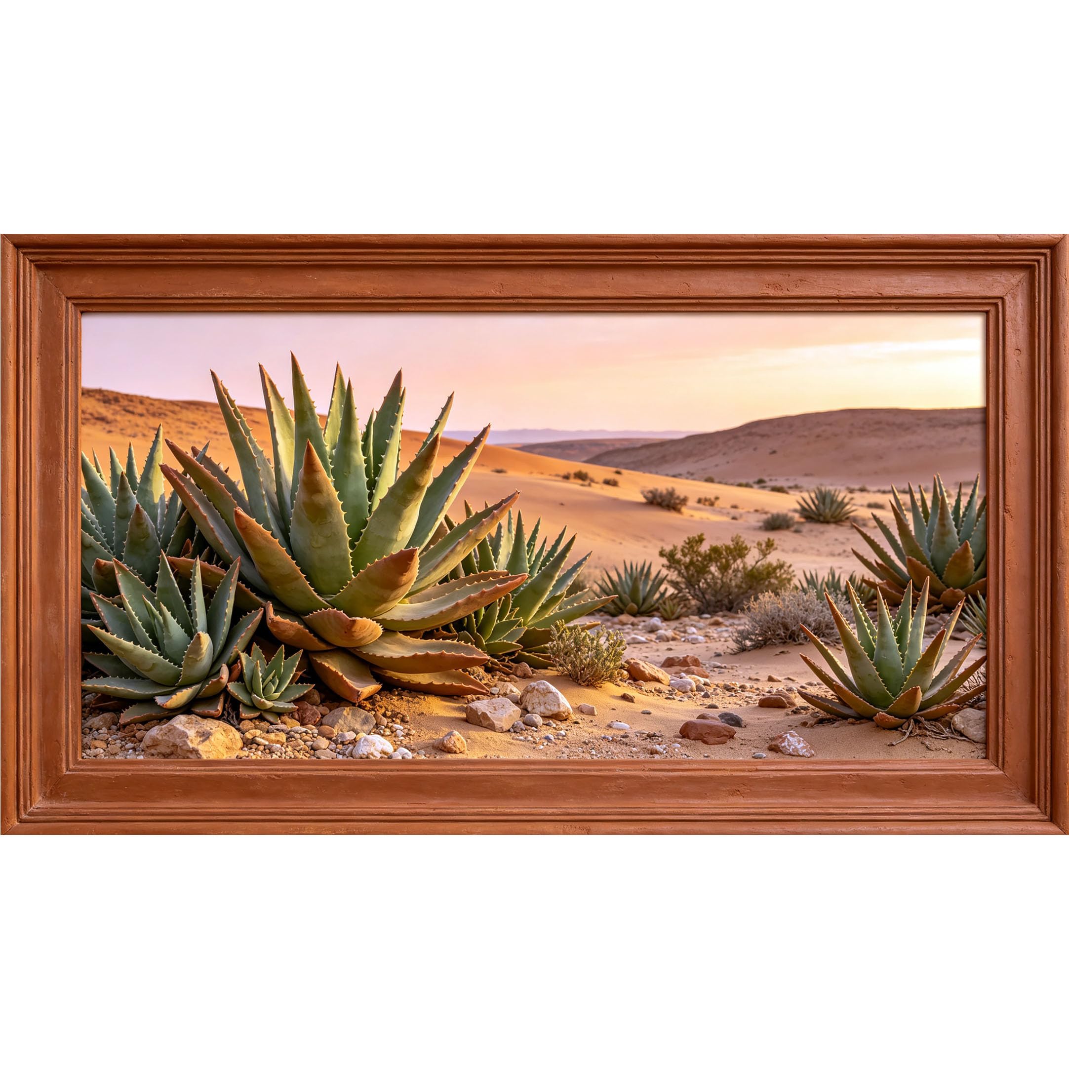 QZLITHOTIC 50×100cm 3D Framed Wall Art， Desert Landscape Succulent Botanical Self?Adhesive Mural， Water?Activated Peel & Stick Fabric Decor Wall Decal for Bedroom Living Room