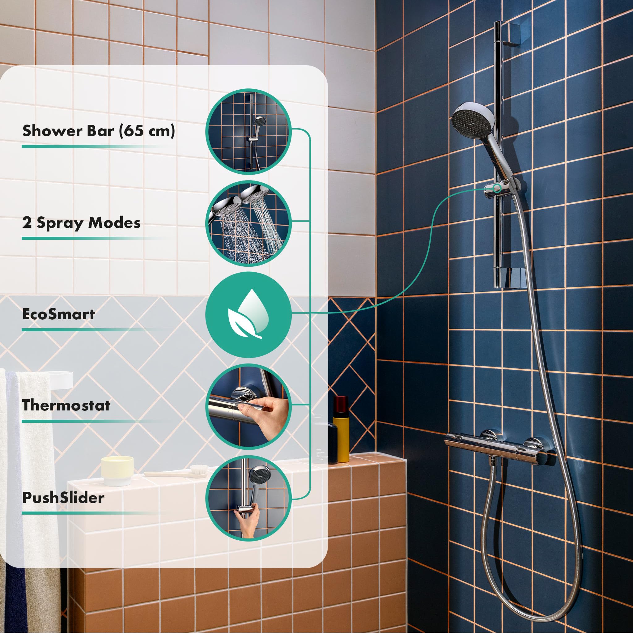 hansgrohe Activera Select S - conjunto de ducha con termostato Ecostat Fine, alcachofa de ducha ahorro de agua (EcoSmart), barra (65 cm), flexo (1,60 m) y soporte, cromo, 28876000