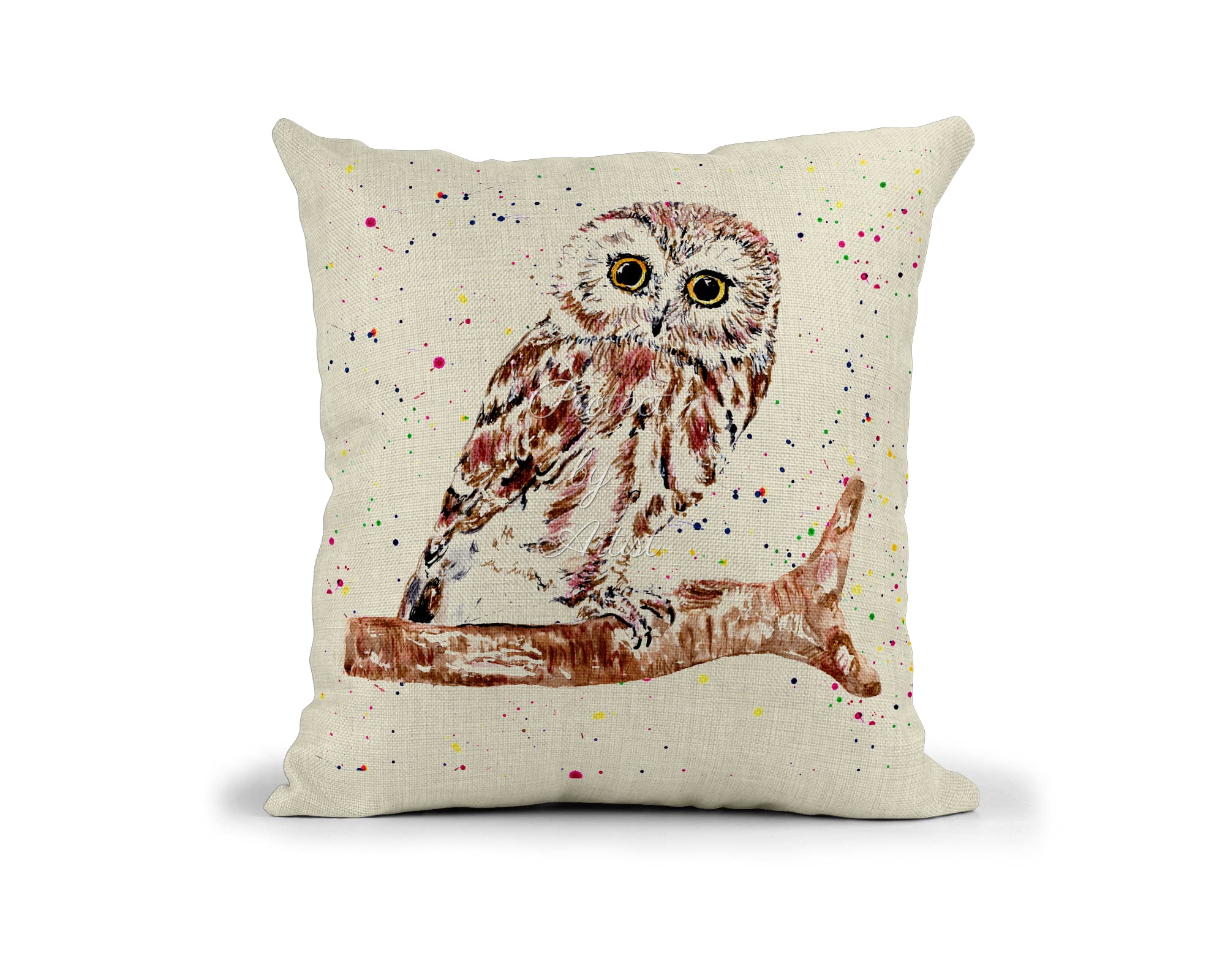 Vixar Rainbow Mix Owl British Wildlife Hand Painted Watercolour Art Linnen Cushion With Filling Or Cover Only, 40X40cm, Gift, Christmas, Birthday (Cover Only)