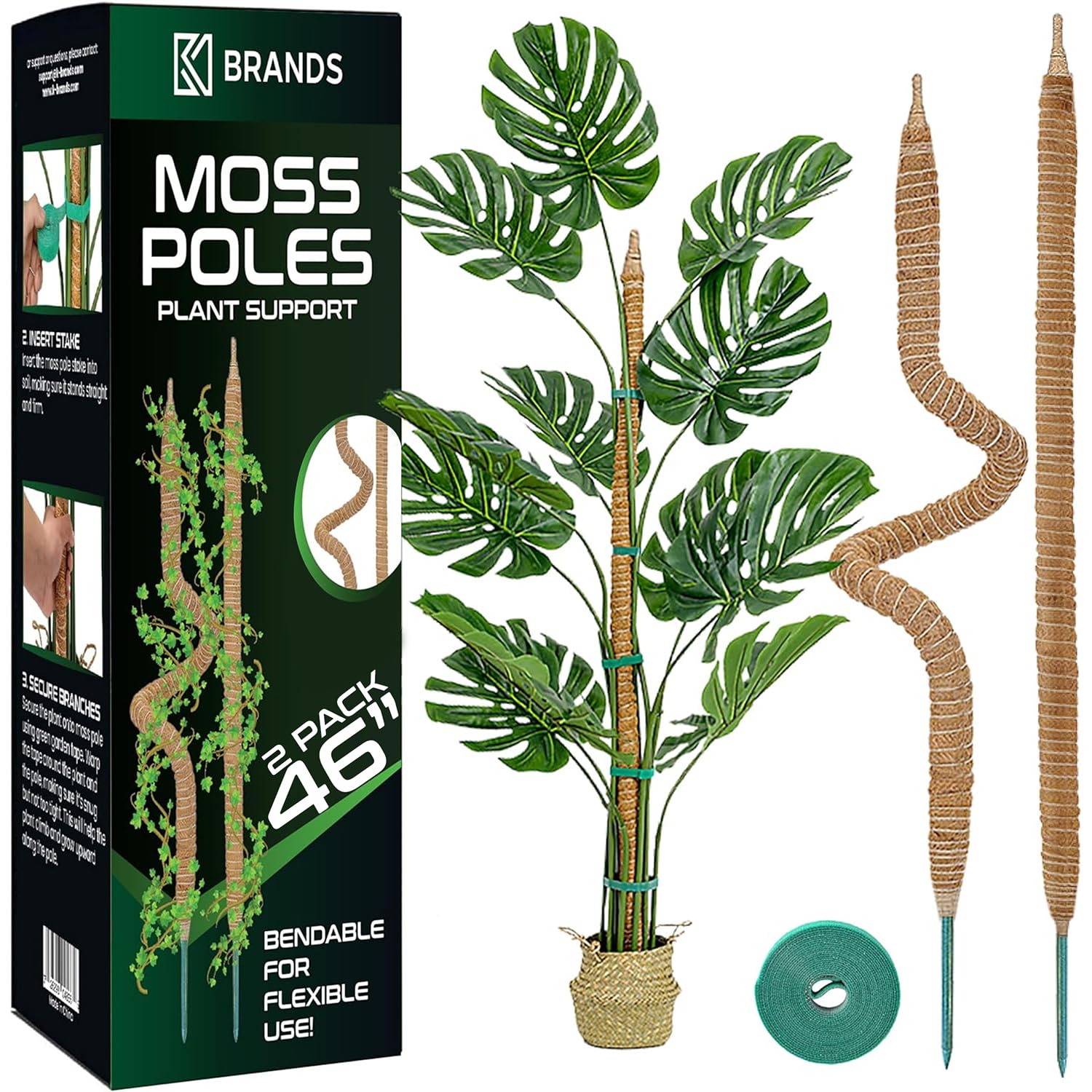 K-Brands 2 Pack Moss Pole - 46'' Monstera Plant Support - Moss Pole for Plants Monstera - Moss Poles for Climbing Plants - Bendable Plant Sticks Support - Plant Stakes for Indoor Plants