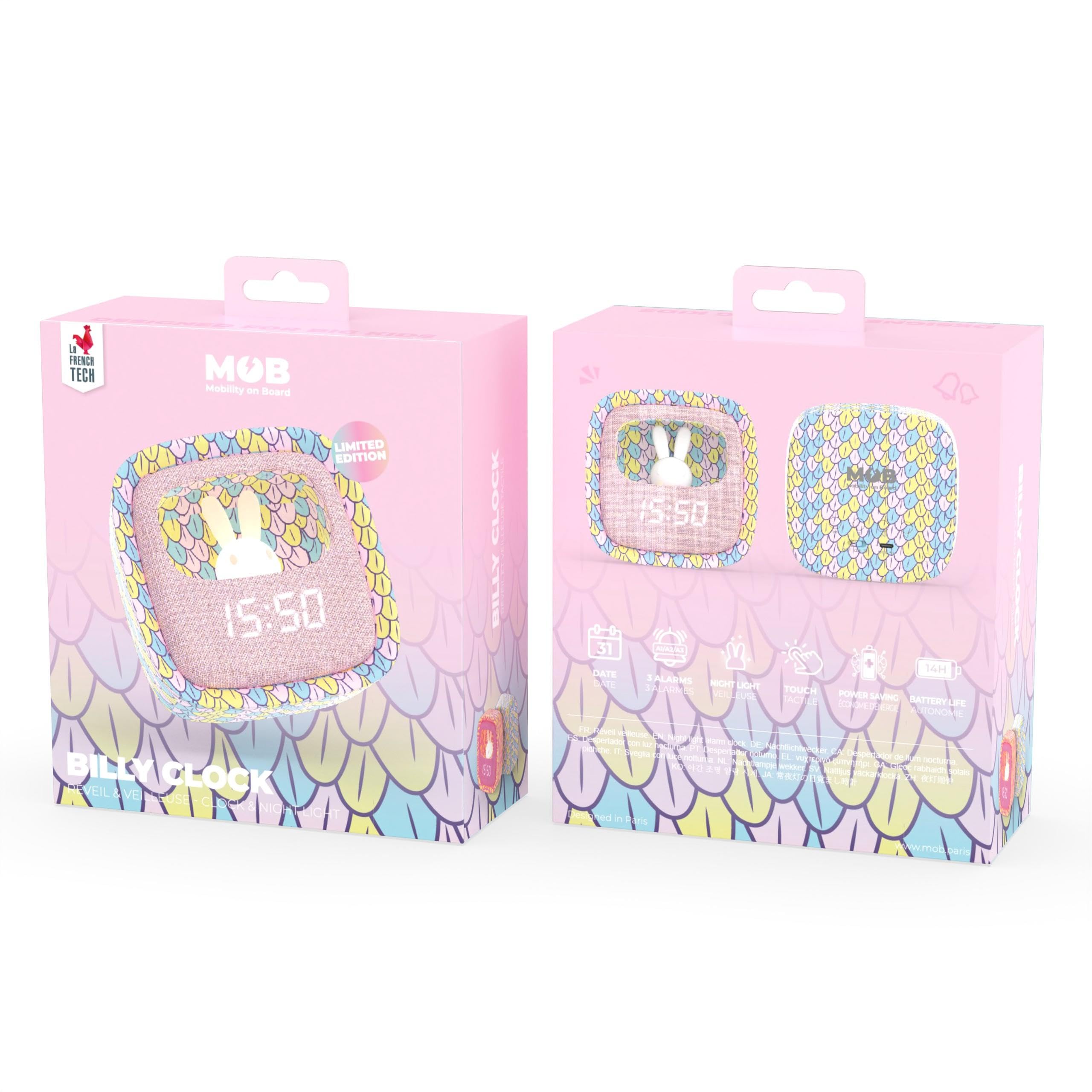MOB – MOBILITY ON BOARD Billy Clock Sveglia e luce notturna per bambini Sirena arcobaleno - Motivo coniglio - Cornice in plastica morbida - Data, ora e 3 impostazioni di sveglia