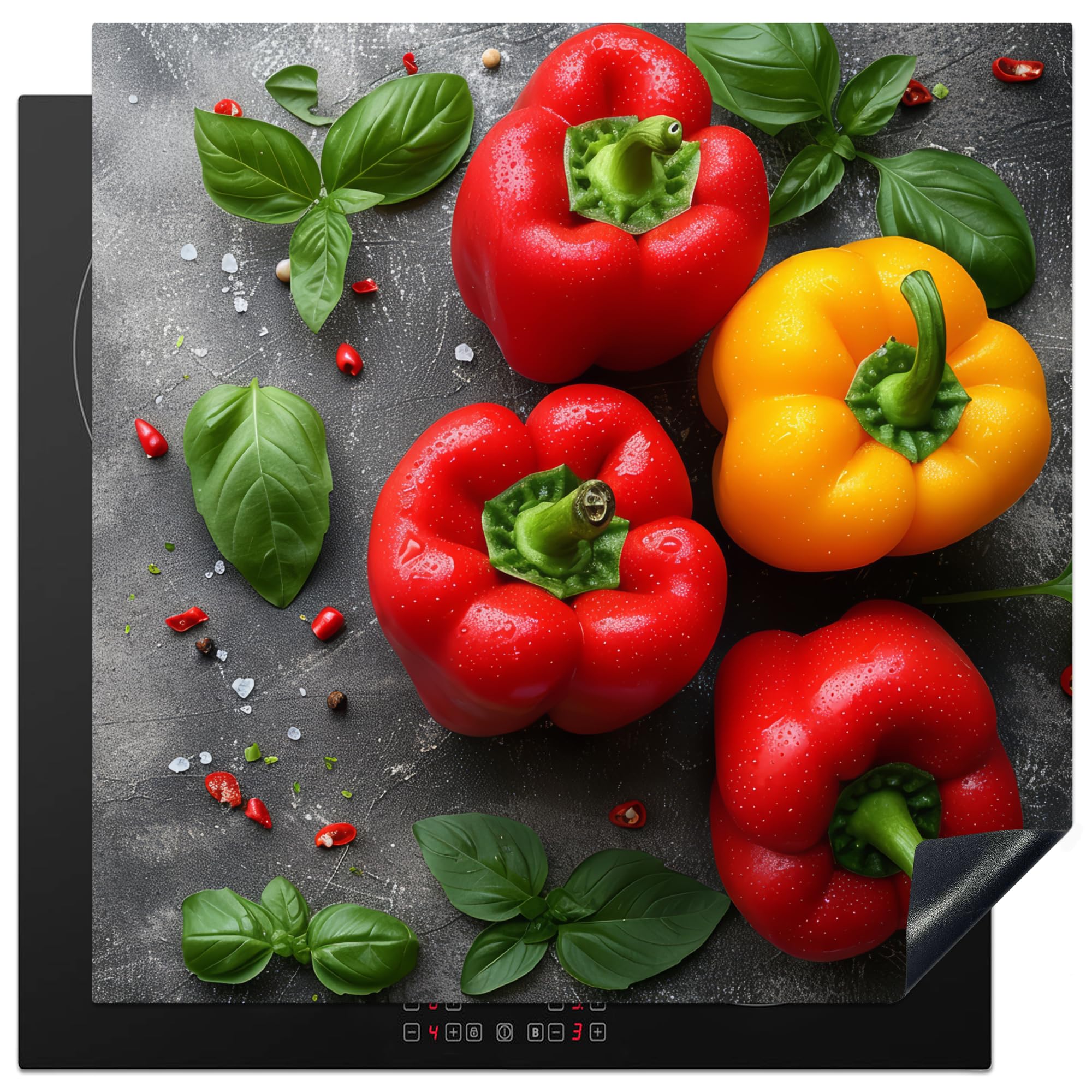 KitchenYeah© Induction Hob Protector Mat 30.7"x30.7" / 78x78 cm Cooker Top Protectors Cover Ceramic Covers Electric Hobs Vinyl Sweet Pepper - Concrete - Vegetable - Leaves — image 1