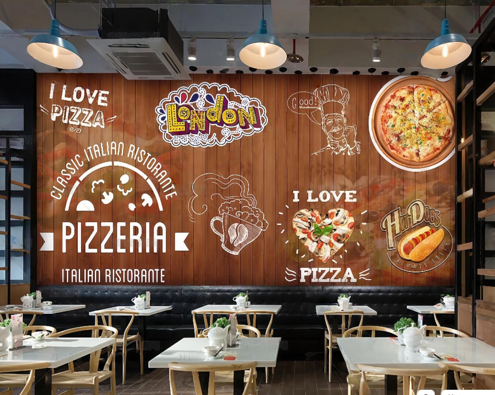 XDOUBAO Wallpaper Nostalgic Wooden Board Hand-Painted Delicious Pizza Shop Snacks Afternoon Tea Coffee Shop Background Mural Western Restaurant Wallpaper,3D,200x140cm