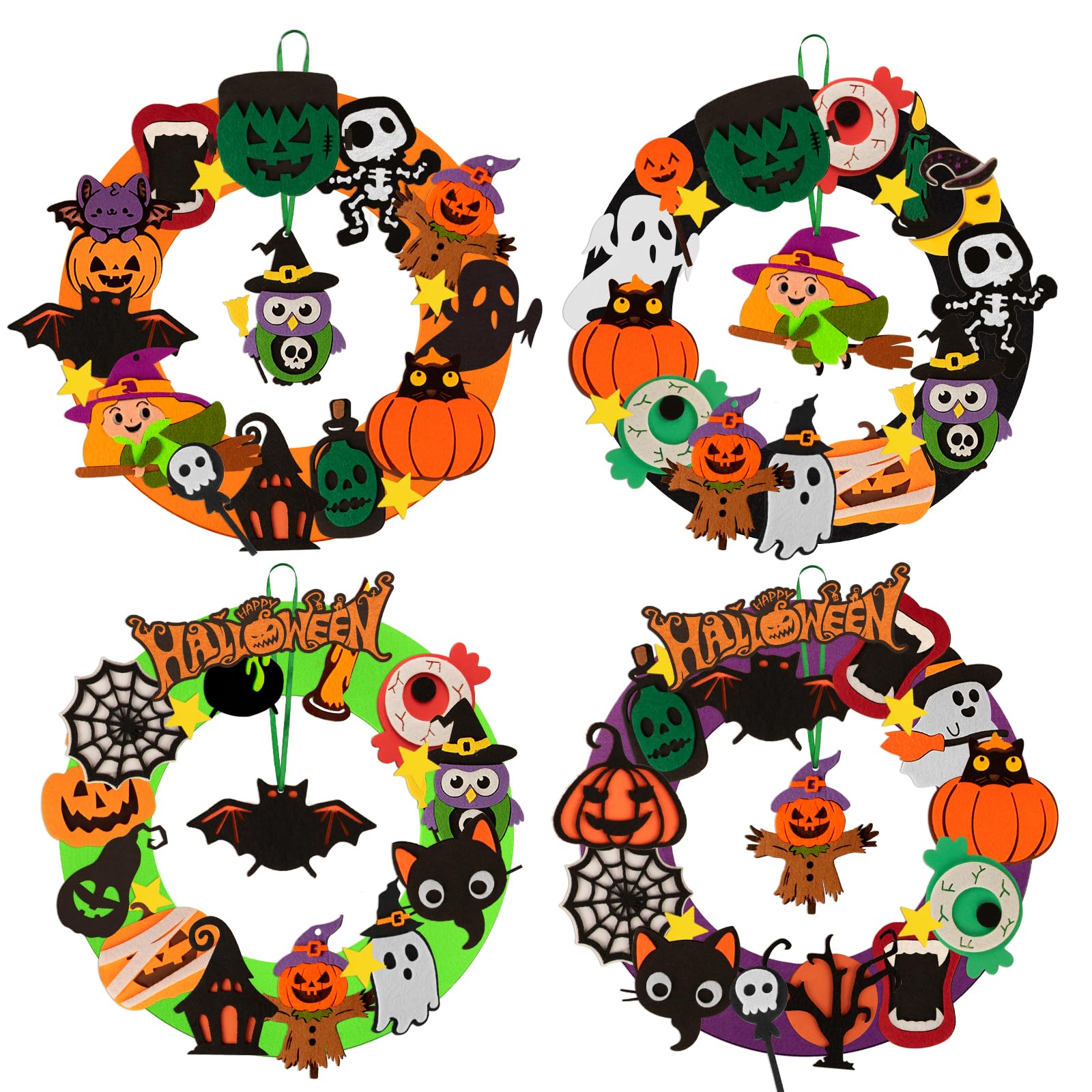 Benjia 4 Pack Halloween Wreath Craft Kits for Kids, DIY Felt Wreath Halloween Ornaments with Pumpkin Scarecrow, owl, elf, Wizard owl for Party Activities (2502)