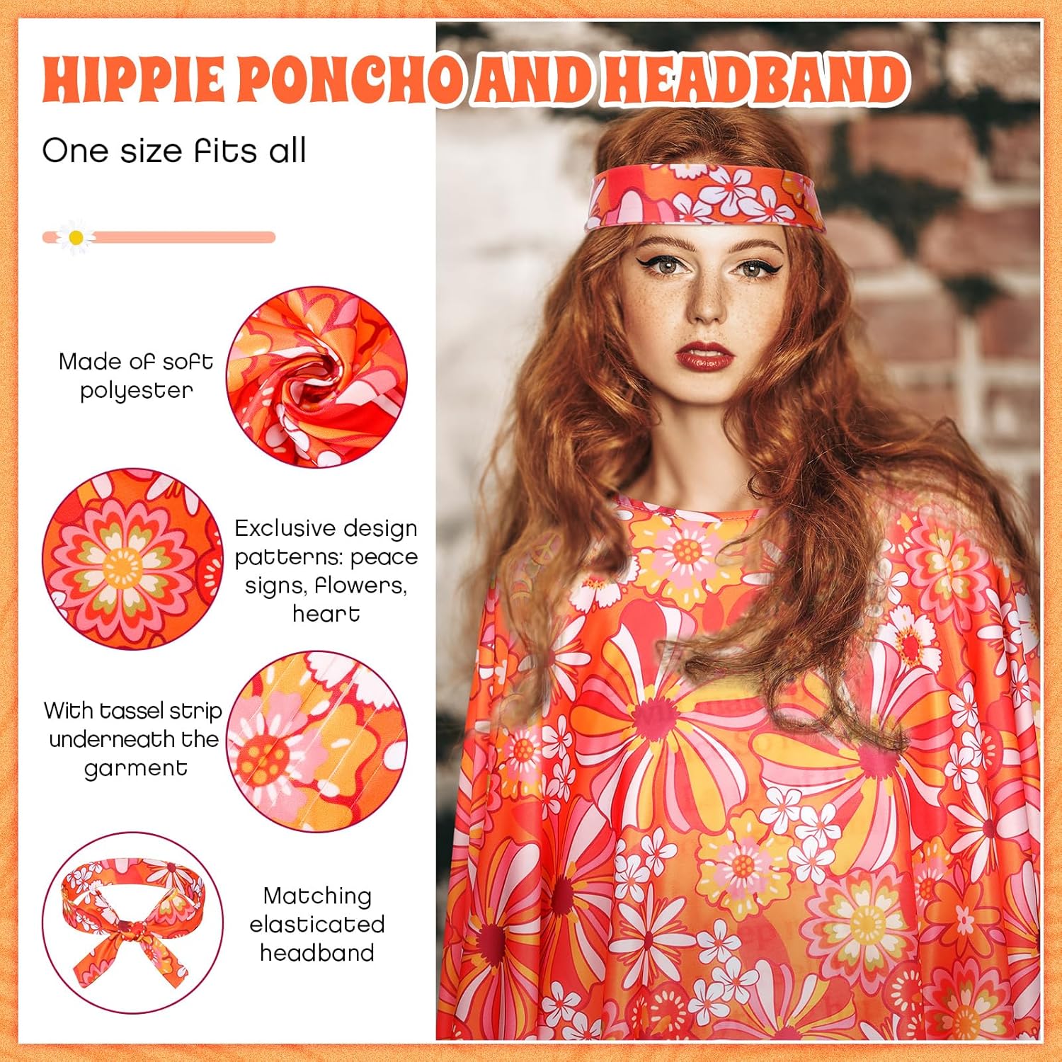 Hicarer 6 Pcs Hippie Costume Accessories Set Includes Headband Poncho Necklace Earrings Sunglasses for Women Girls - Image 2