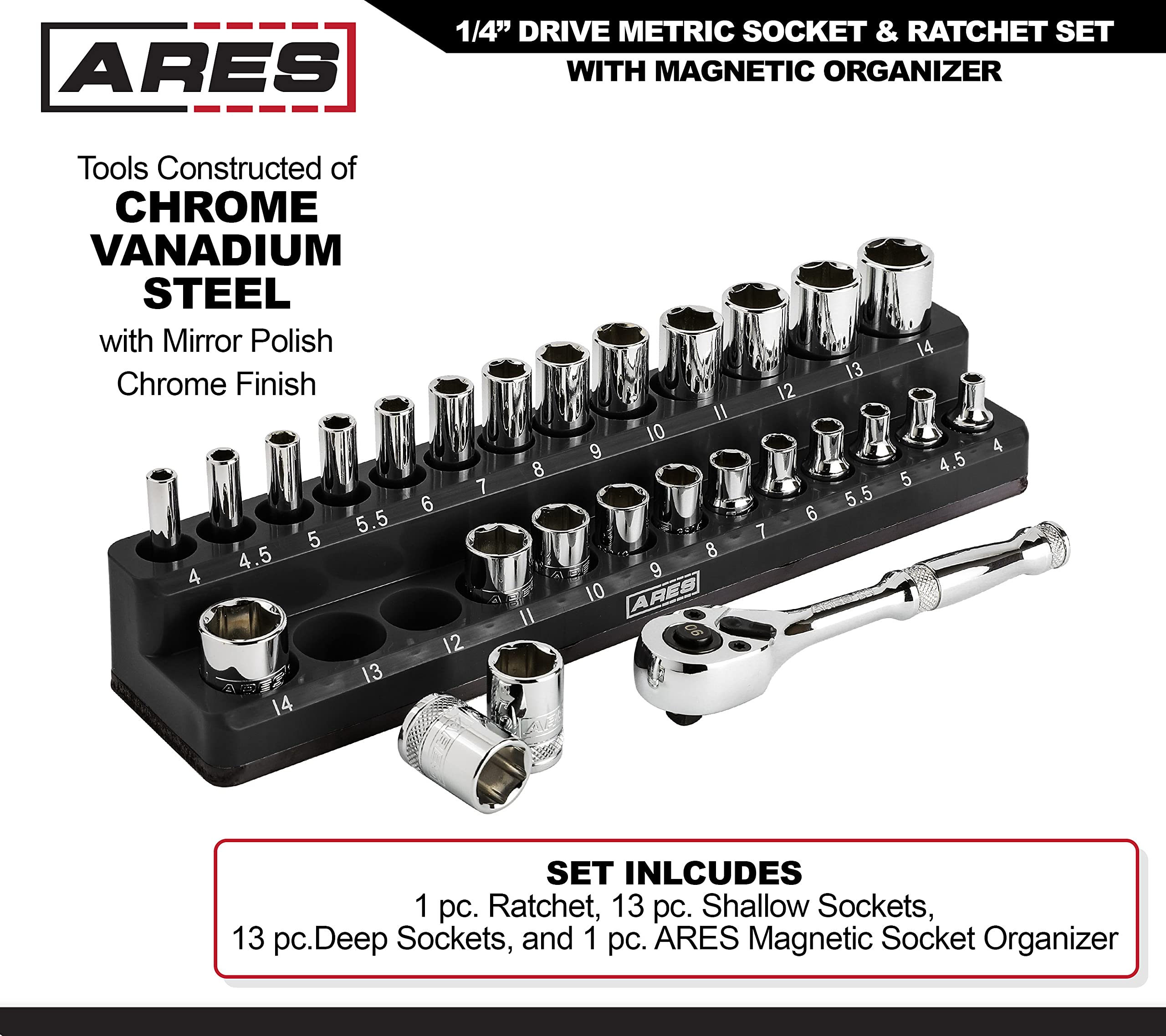 ARES 28-teiliges Steckschlüssel-Set 1/4 Zoll – Metrisch, 90 Zahn Ratsche, Mit Magnet-Organizer