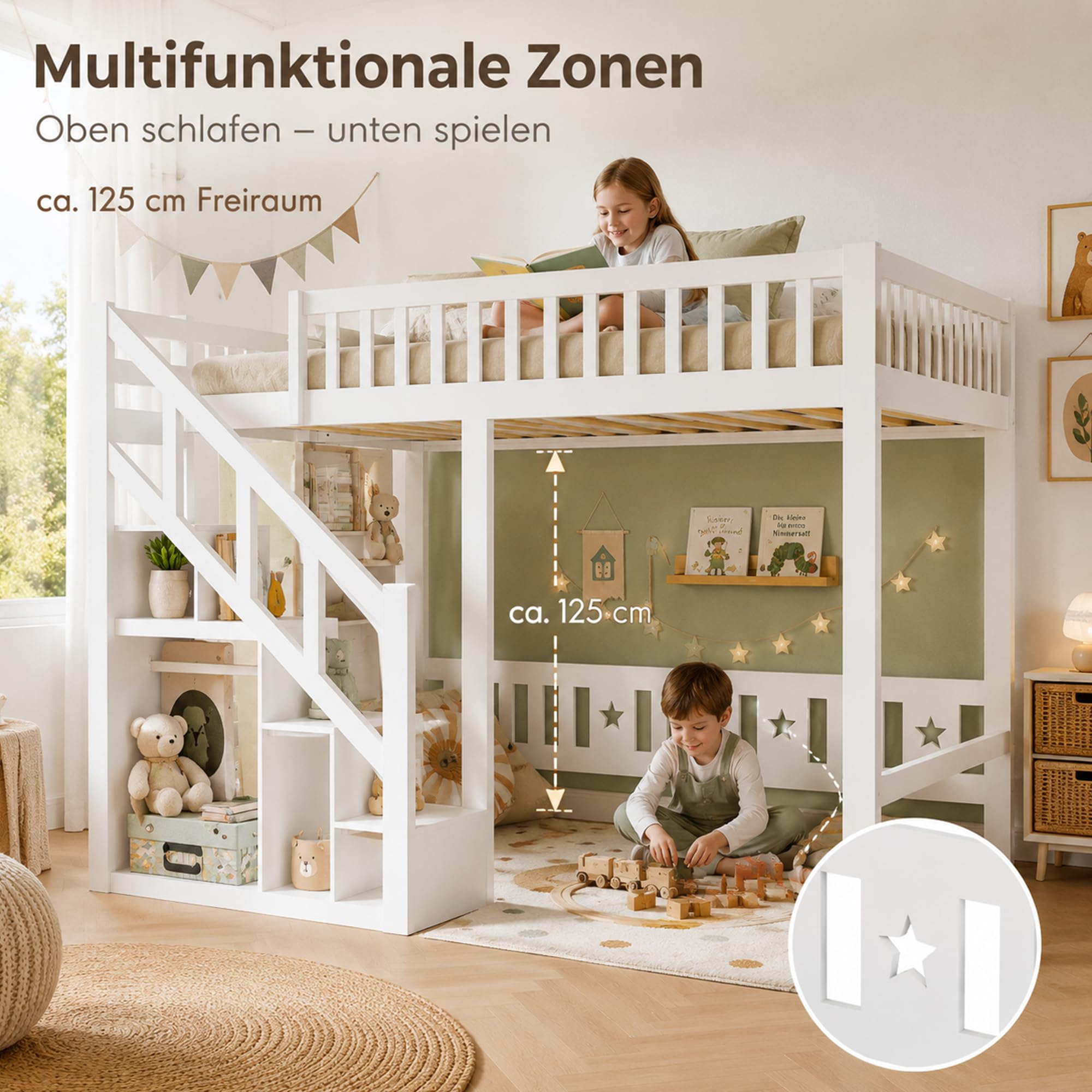DULRLLY Lit Double Mezzanine 140x200 cm, Lit Superposé Enfant avec Escaliers de Rangement et Barrière de Sécurité, Sommier à Lattes en Bois, Lit Hauteur pour 2 Enfant, Garçon et Fille, Blanc