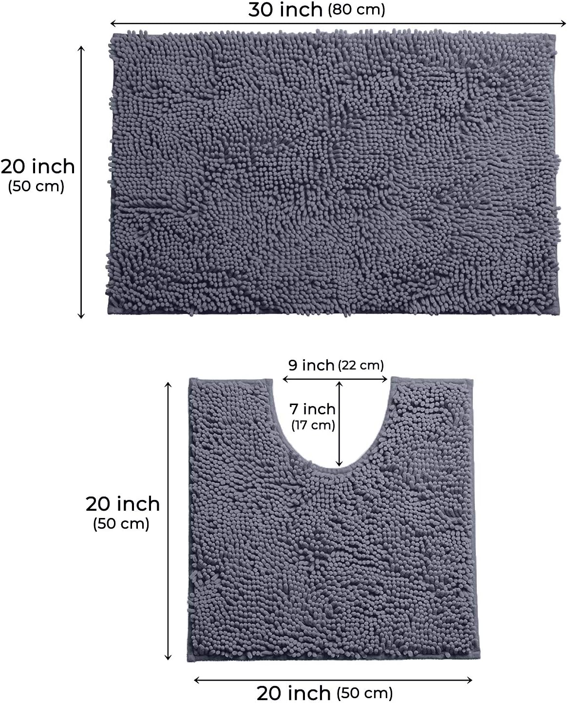 LuxUrux Bathroom Rug Set 2 Piece, Soft Absorbent Cheinlle Microfiber Bath Mat with Contour Toilet Rug, Non-Slip, Machine Wash Dry, Plush Shaggy Mats for Bathroom (20"x 30"+20"x 20" U-Shaped Gray) - Image 2