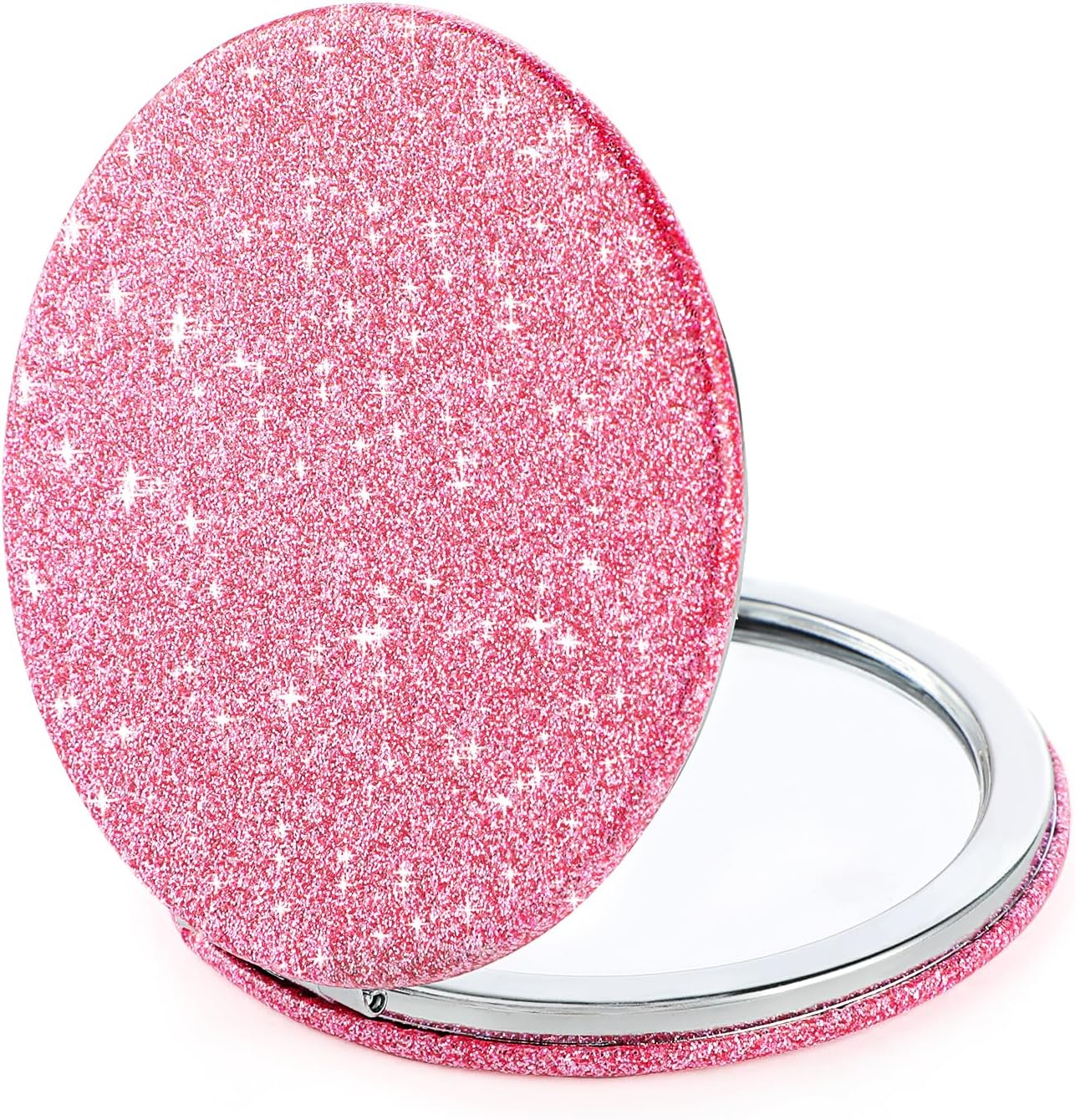 Small Glitter Compact Mirror, Folding Pocket Makeup Mirror Handheld 2-Sided 1x/2x Magnifying Cute Cosmetic Mirror Round PU Leather Mirror for Women Girls Travel(pink)