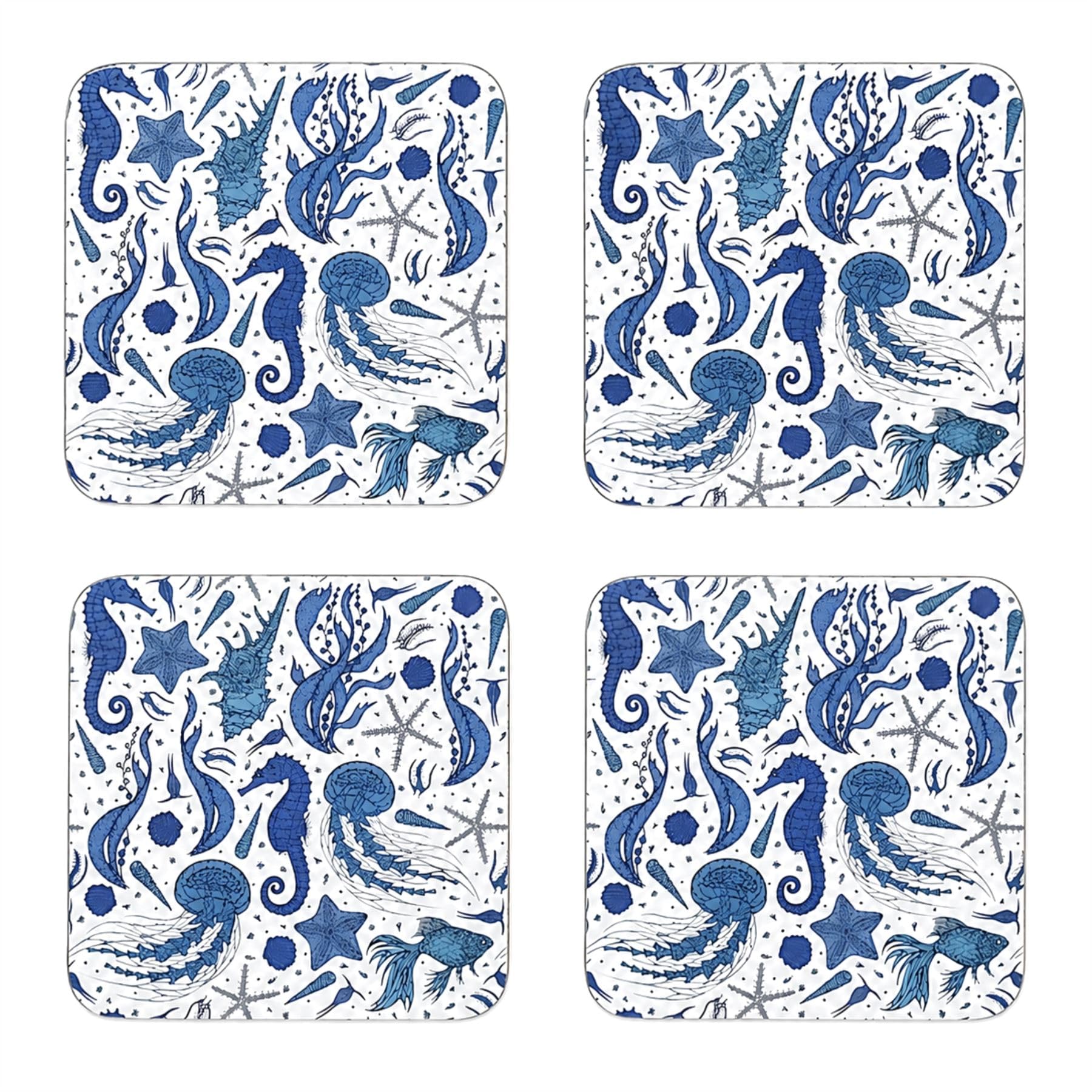 Sealife Set of 4 Cork Backed Coasters, 10.5cm Nautical Blue Sea Creature Drinks Coasters for Tables