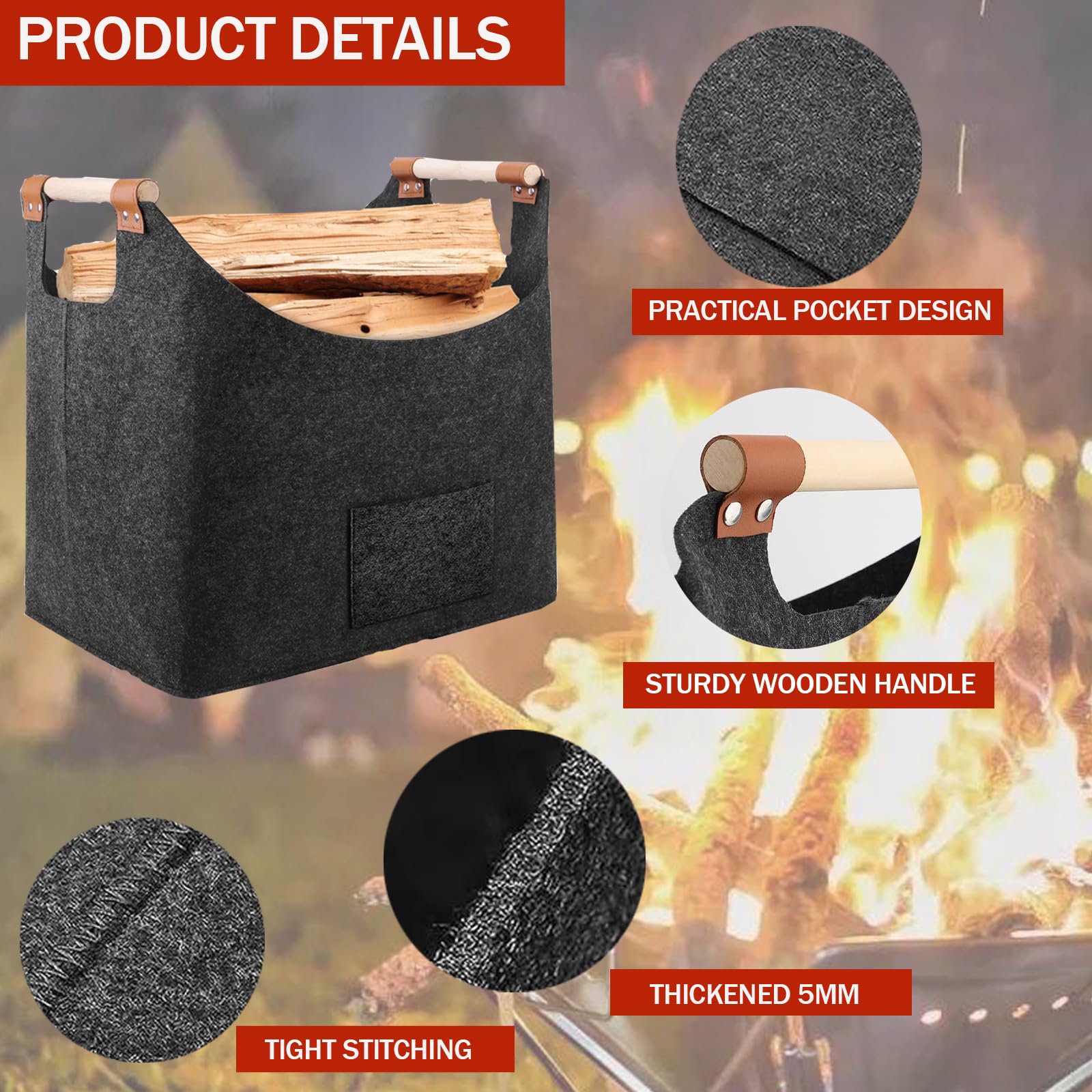 Panier à bûches XXL 70L Feutre Pliable Sac à Bois pour Cheminée 55 x 32 x 40 cm Gris Foncé