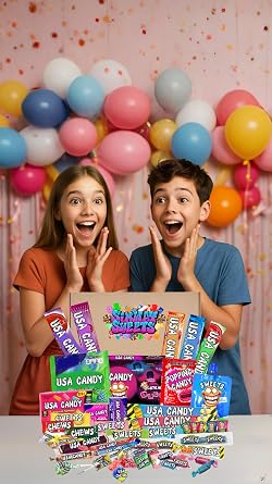 American Sweets Gift Box – USA Candy Assortment, Mix of 50 Chewy & Sour Favorites By Simway Sweets