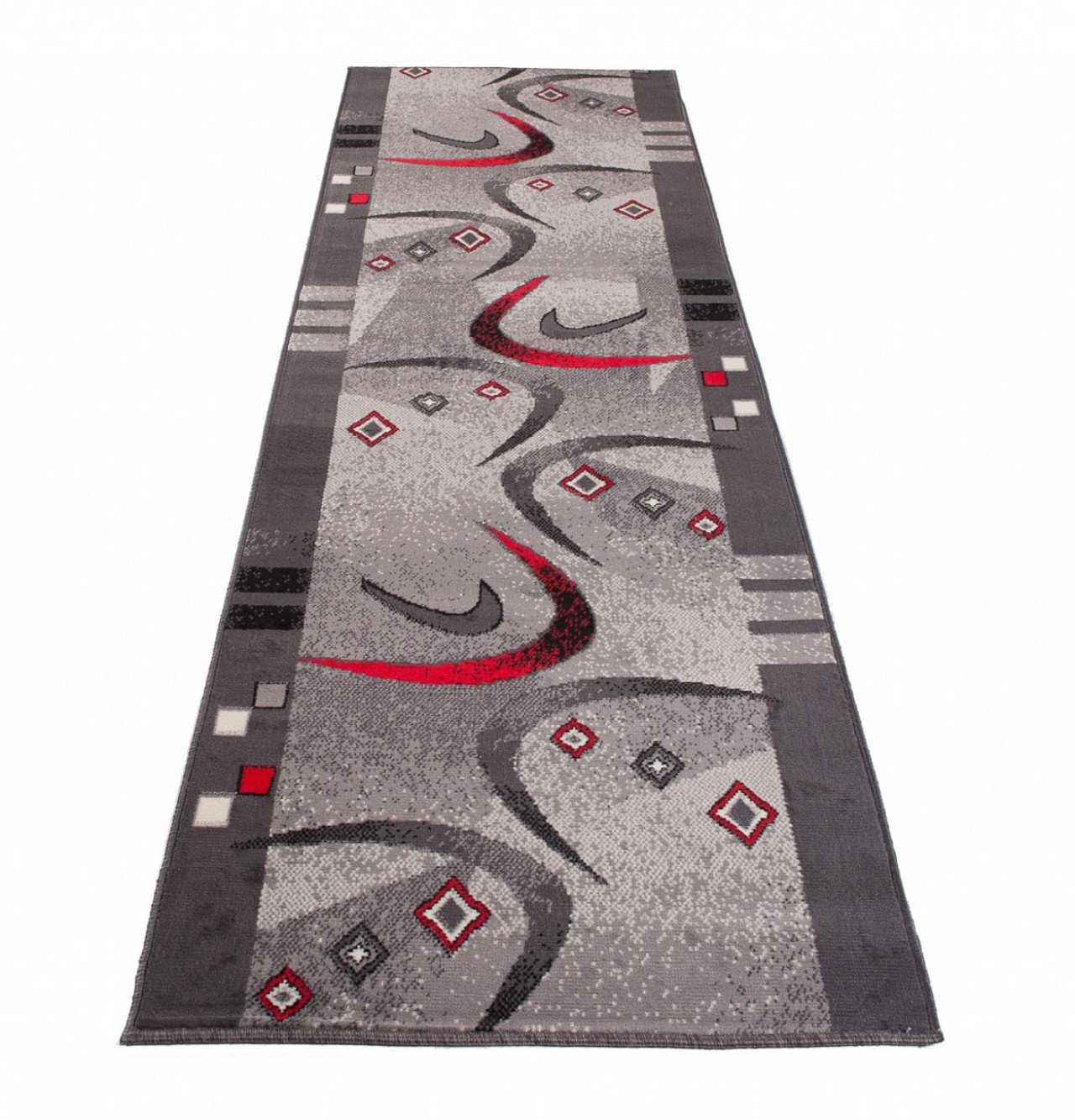 Tapiso Dream chodnik dywan, towar sprzedawany na metry, do korytarza, nowoczesny, paski, Bumerang, szary, czerwony, czarny, do sypialni, salonu, Ökotex 100 x 750 cm