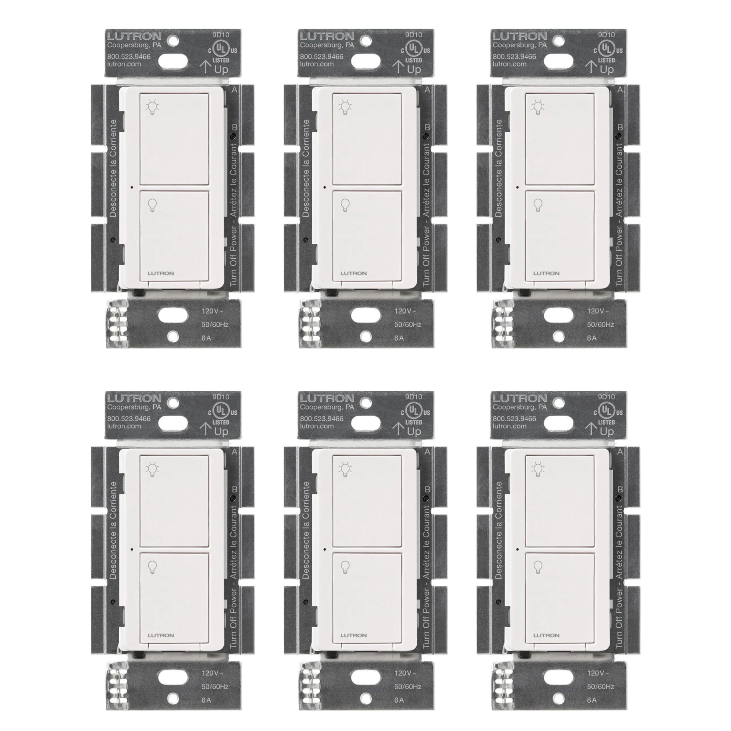 Lutron Caseta Original Smart Light Switch (Lutron Smart Hub Required), for Home, LED Lights, and Fans, 6 Amp, Single-Pole/3-Way, Neutral Required, PD-6ANS-WH-6-Pack, White, 6 Pack