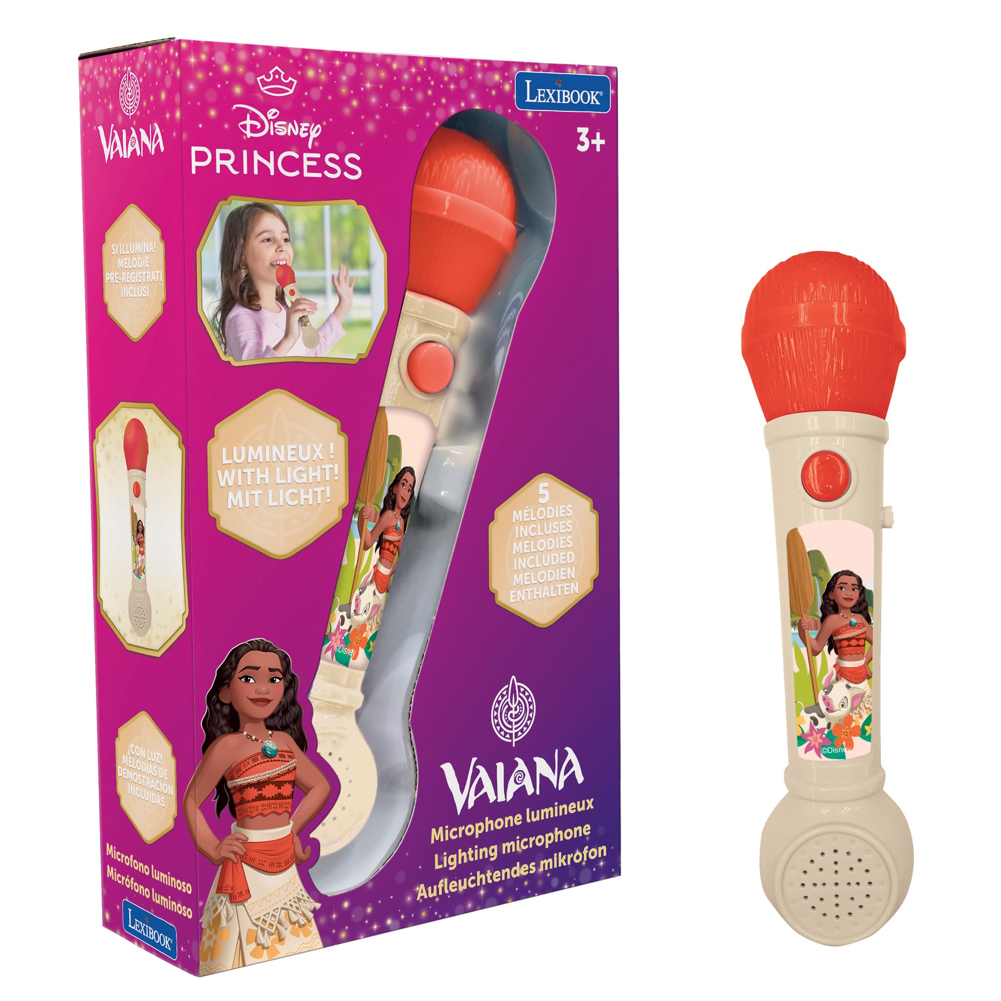LEXIBOOK, Moana, Lighting Microphone for children, musical toy, built-in speaker, light effects, demo melodies included, Beige/Red, MIC80VN