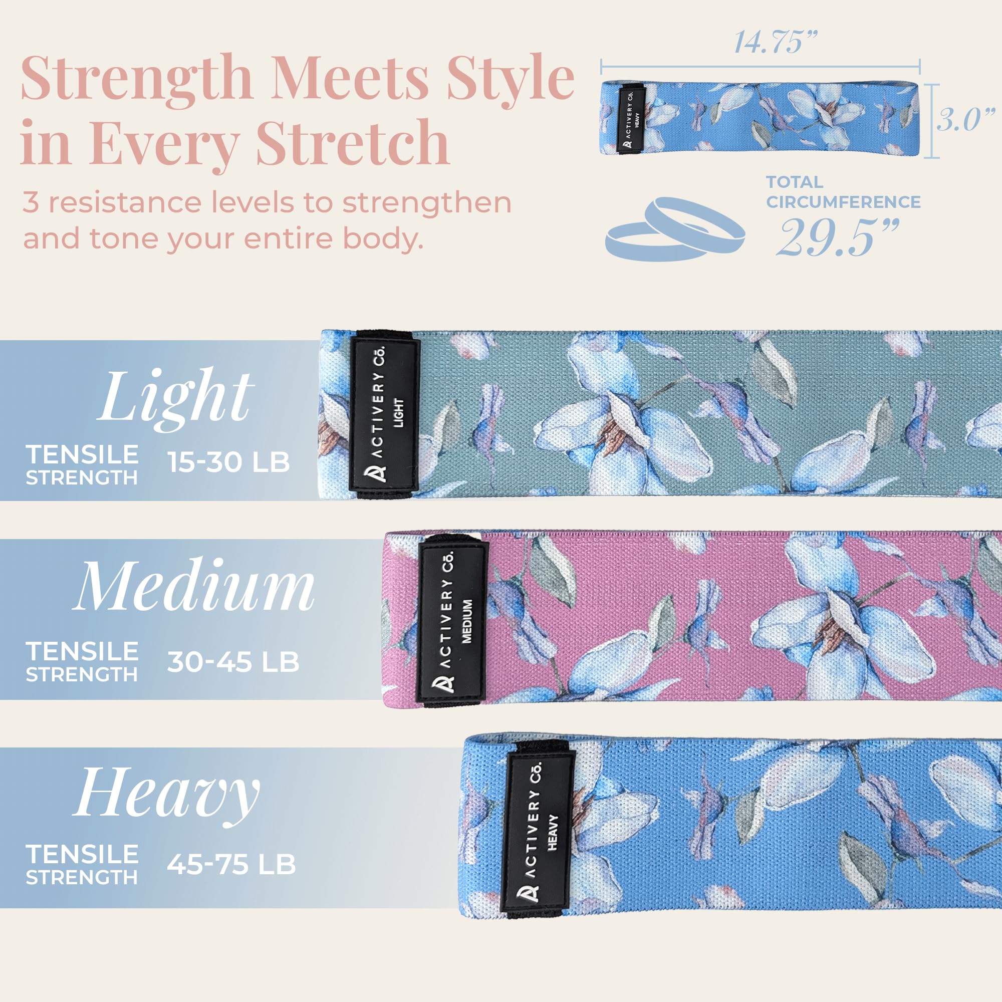 Bandas de resistencia de tela para mujer, paquete de 3 con guía de ejercicios, resistencia ligera/media/pesada, bandas de entrenamiento para glúteos, piernas, fitness y terapia física, diseño floral