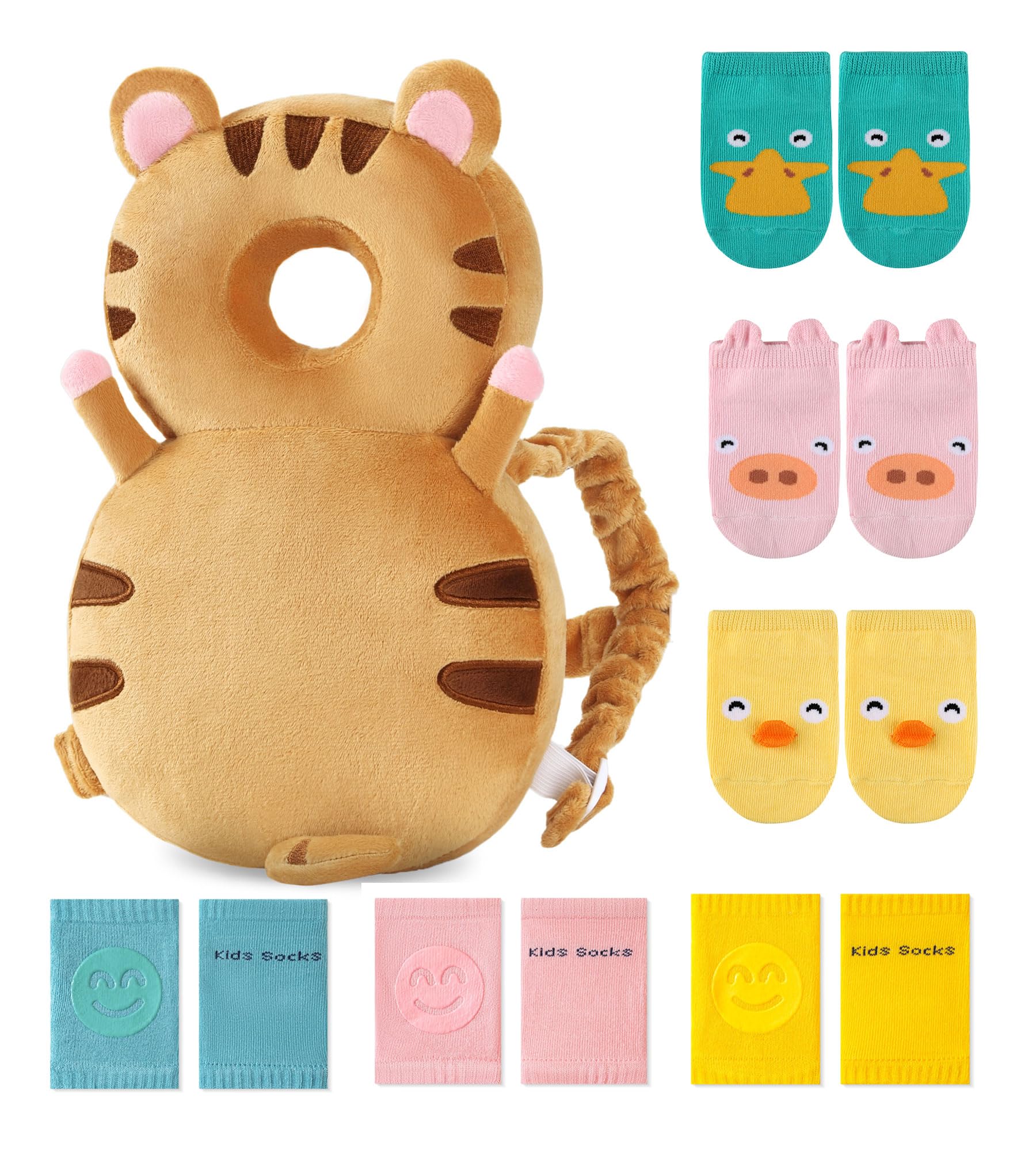 JunNeng Toddler Baby Head Protector Backpack for Toddler Walker with Knee Pads&Anti-Slip Socks, Tiger