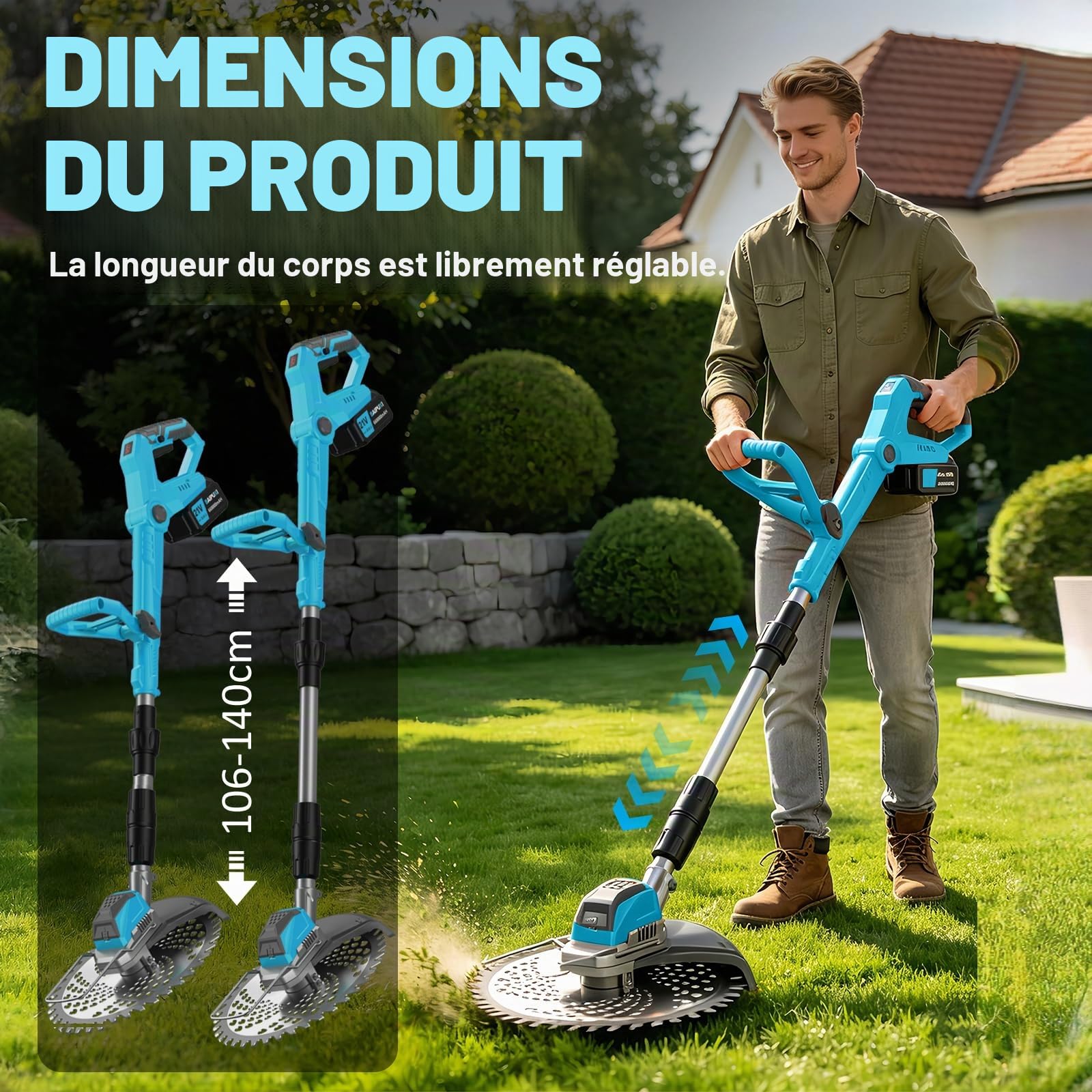 Debroussailleuse Electrique sans Fil 21V Coupe Bordure 3-en-1 avec 2 Batteries 4.0 Ah Débroussailleuses avec Brosse de Désherbage Poignée Réglable Convient aux Jardins et aux pelouses (Bleu)