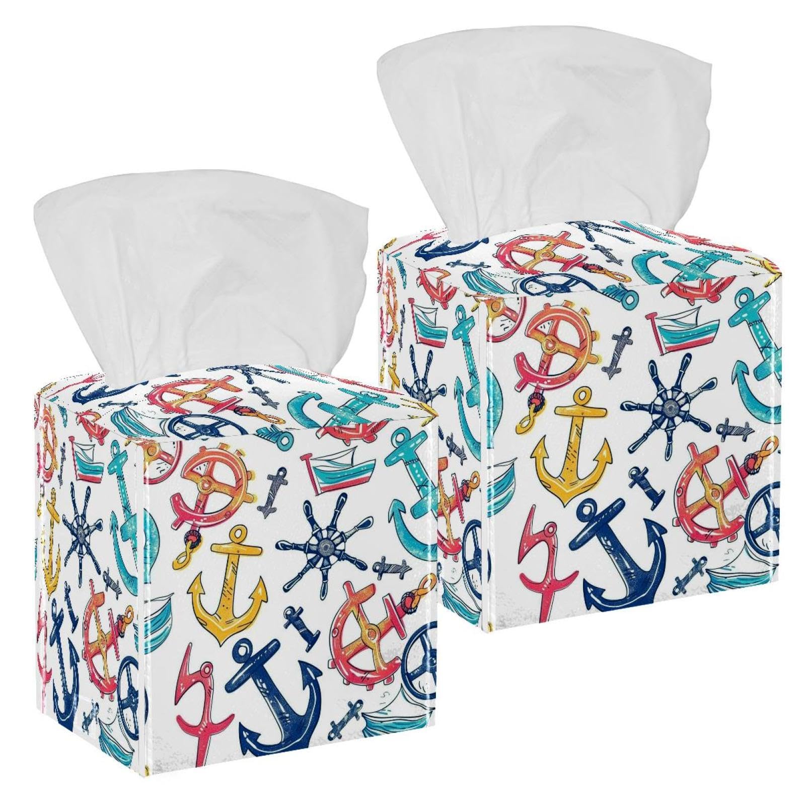 Doodle Anchors Tissue Box Cover, 2 Pack PU Leather Square Facial Tissue Dispenser Box holder for Home Office Car